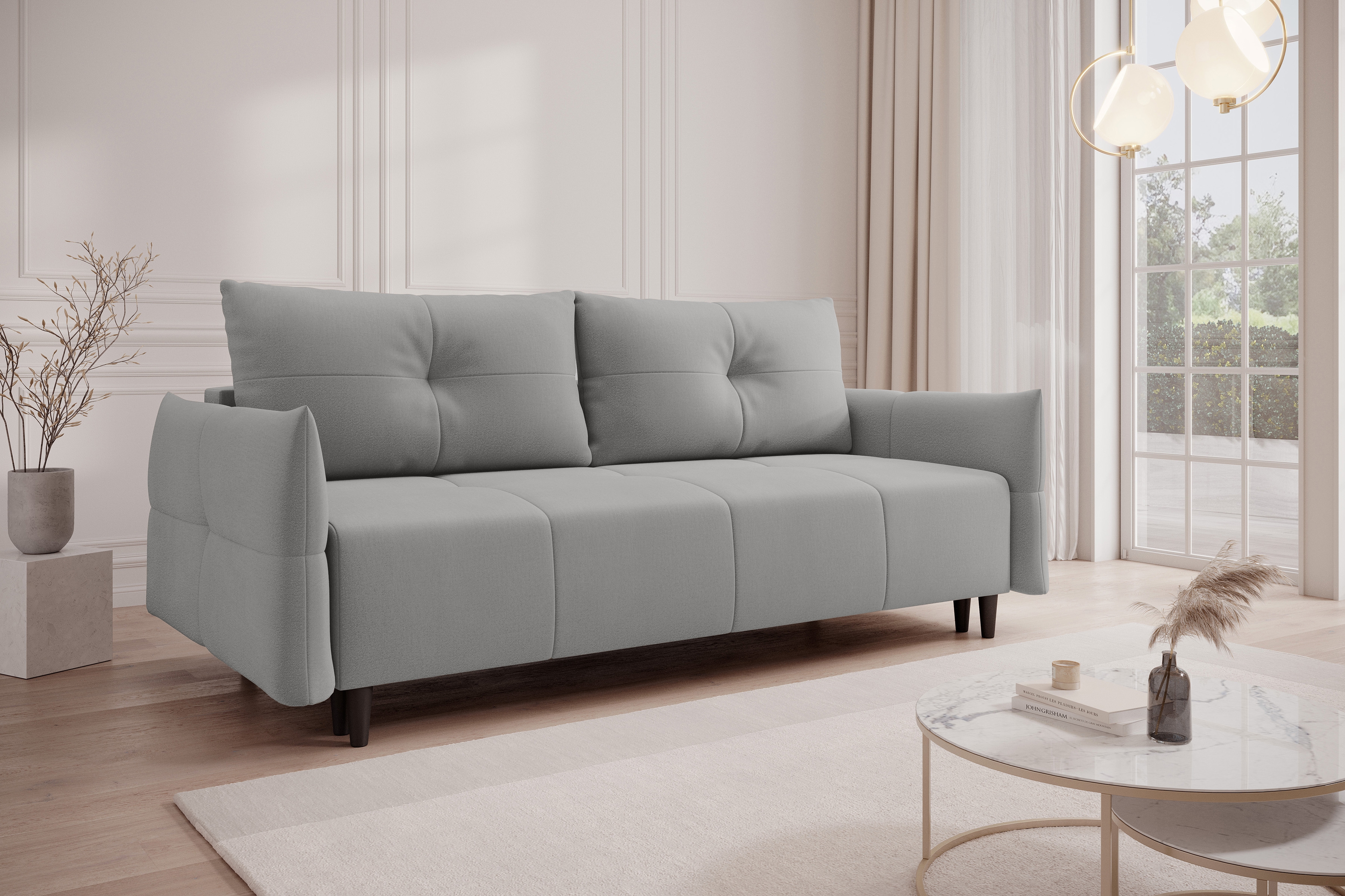 Rozkladacia pohovka Fitelia s úložným priestorom – popolavý plyš Pretty 16 / bukové nožičky Pohovka rozkladana Fitelia S vnútorným úložným priestorom- Popolový plusz Pretty 16 / buk 