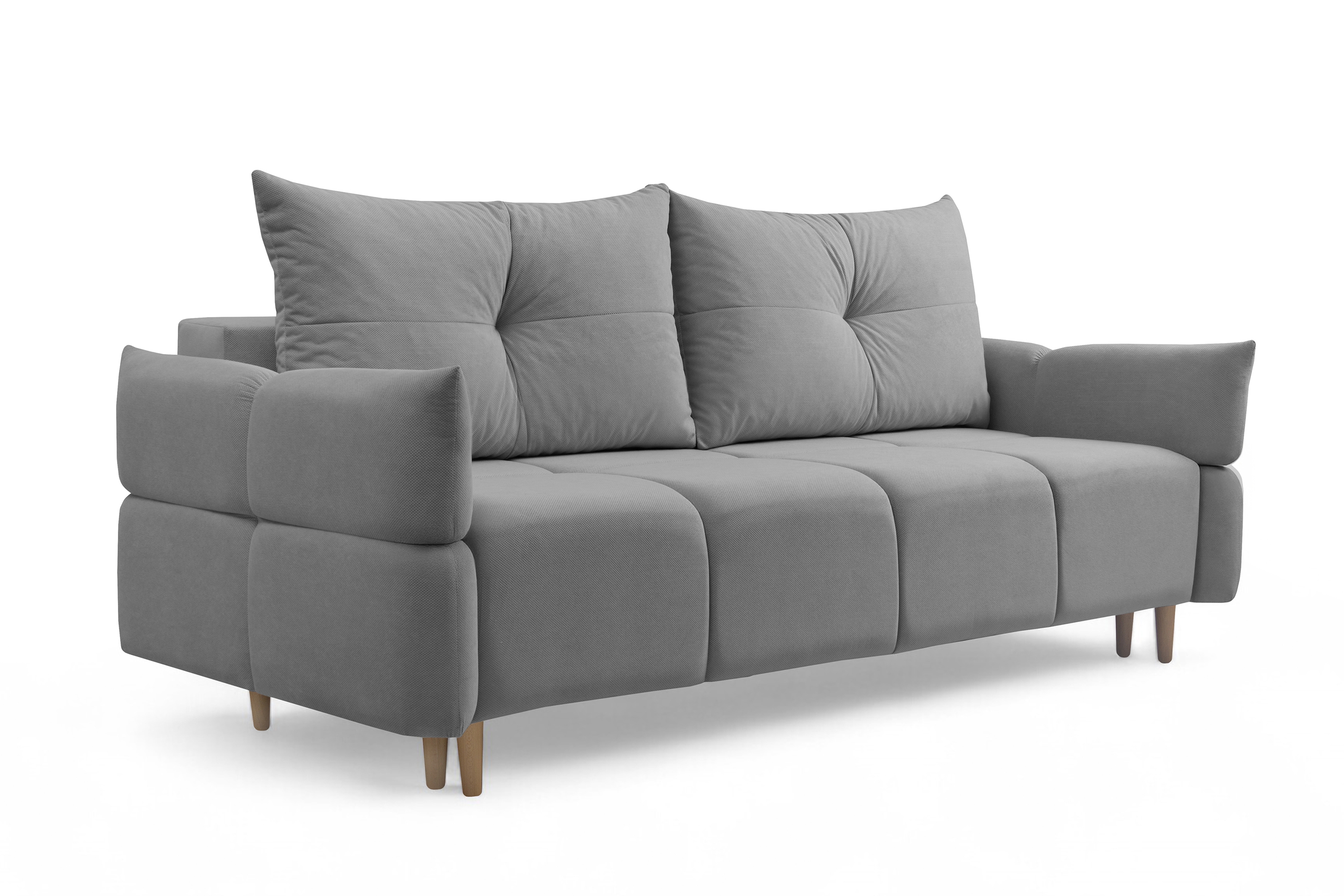 Rozkládací pohovka Fitelia s úložným prostorem - šedý samet Pretty 17 / nožky buk Pohovka rozkladana Fitelia s úložným prostorem- šedá plusz Pretty 17 / buk 