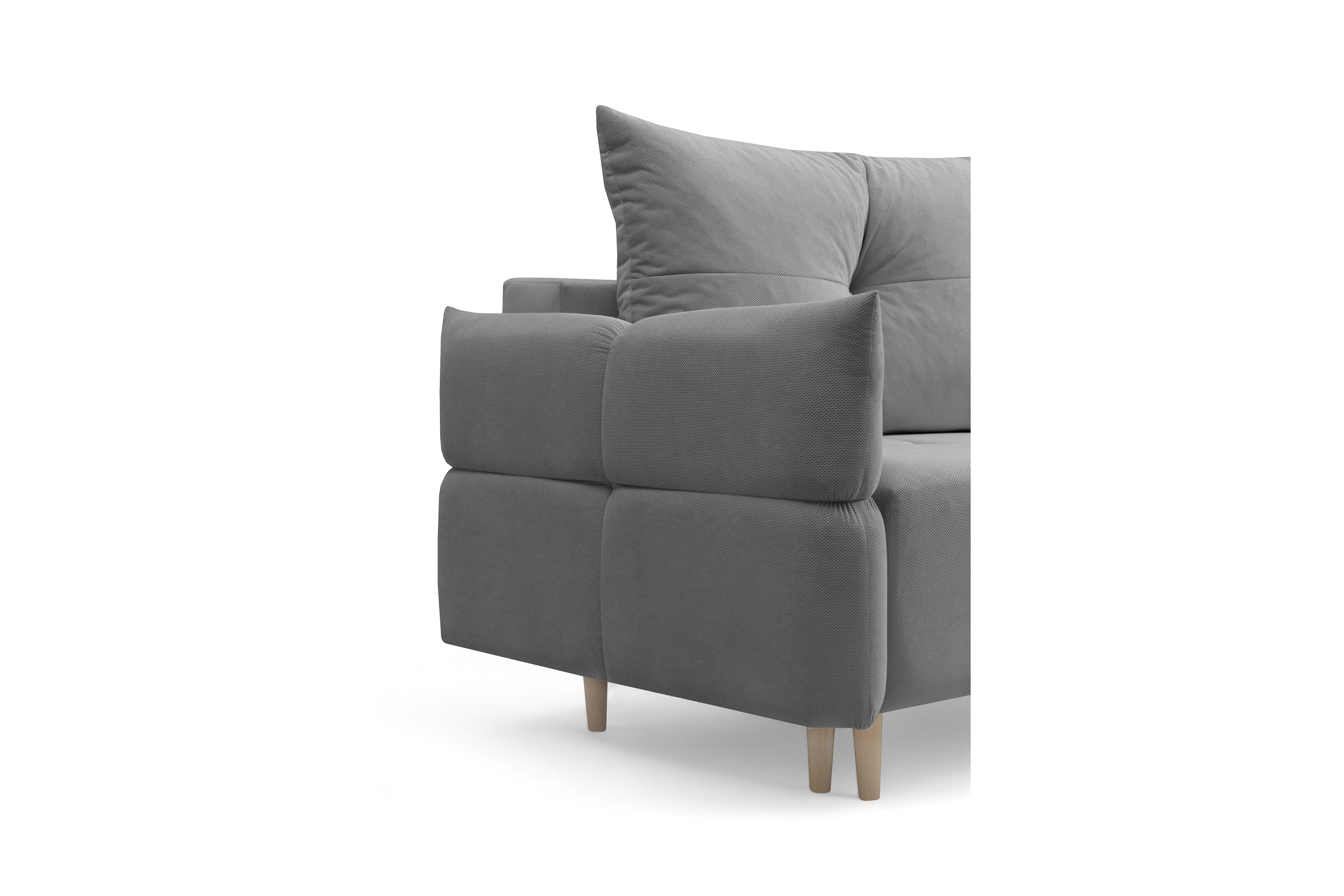 Rozkládací pohovka Fitelia s úložným prostorem - šedý samet Pretty 17 / nožky buk Pohovka rozkladana Fitelia s úložným prostorem- šedá plusz Pretty 17 / buk 