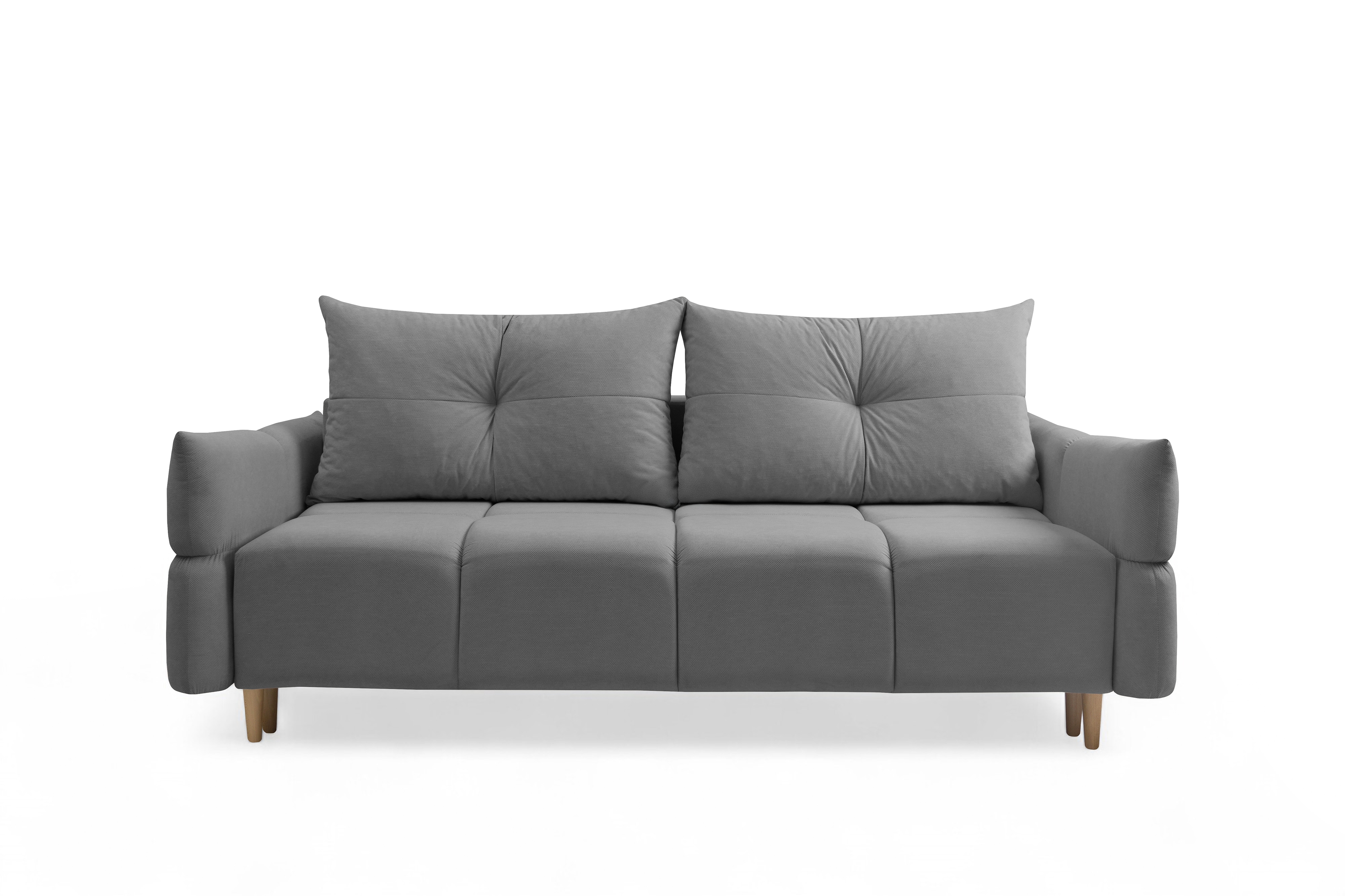 Rozkládací pohovka Fitelia s úložným prostorem - šedý samet Pretty 17 / nožky buk Pohovka rozkladana Fitelia s úložným prostorem- šedá plusz Pretty 17 / buk 