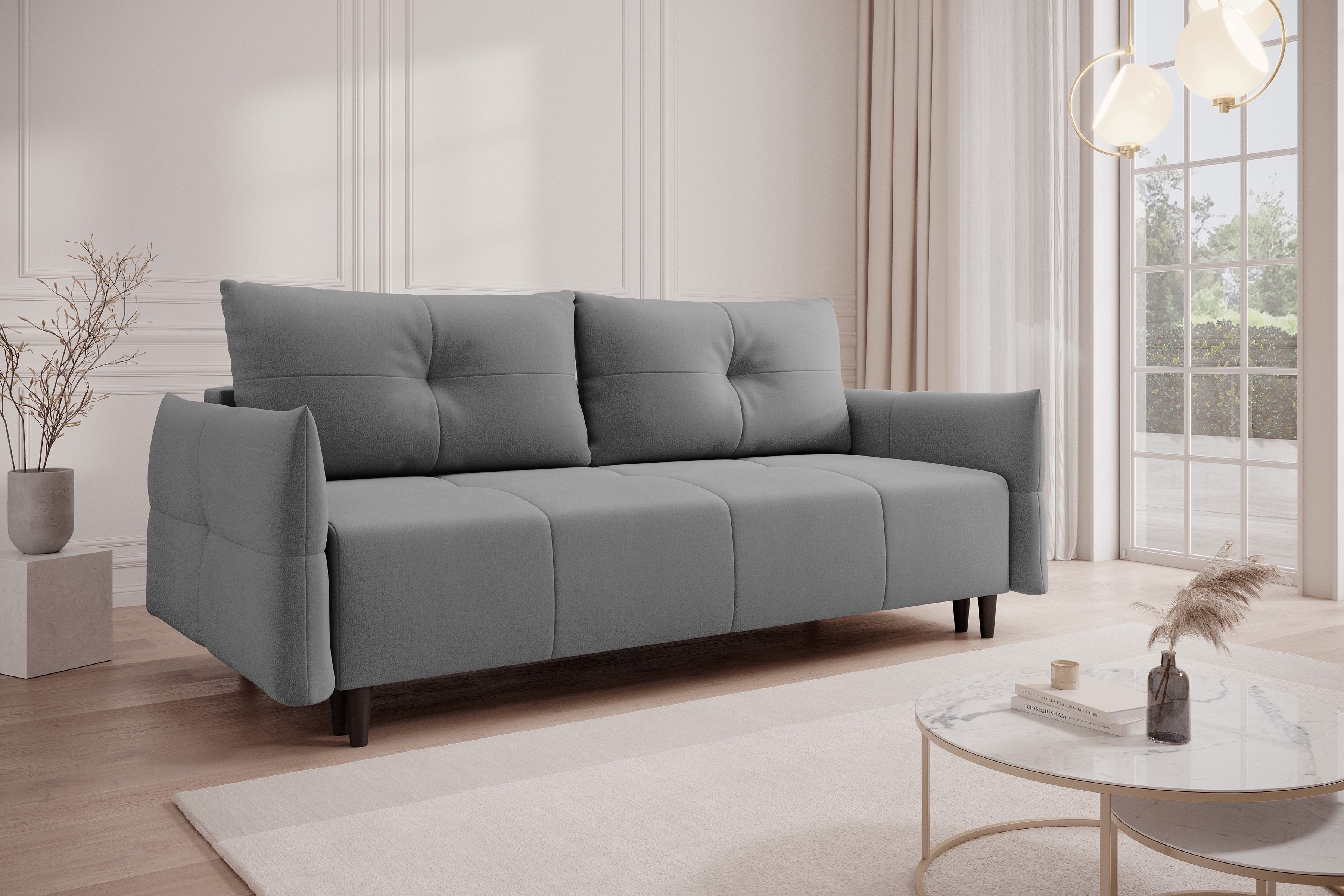 Rozkládací pohovka Fitelia s úložným prostorem - šedý samet Pretty 17 / nožky buk Pohovka rozkladana Fitelia s úložným prostorem- šedá plusz Pretty 17 / buk 