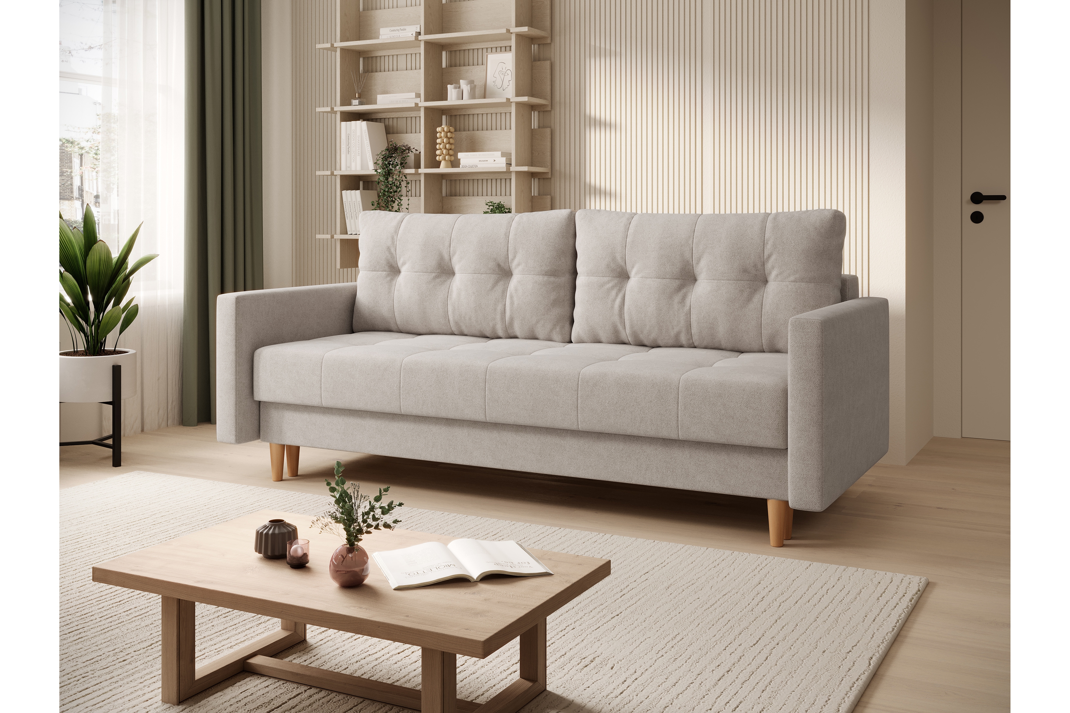 Rozkladacia trojpohovka Romano - béžový zamat Cloud 03 / buk Pohovka rozkladana trojmiestna Romano - béžový welwet Cloud 03 / nožičky buk