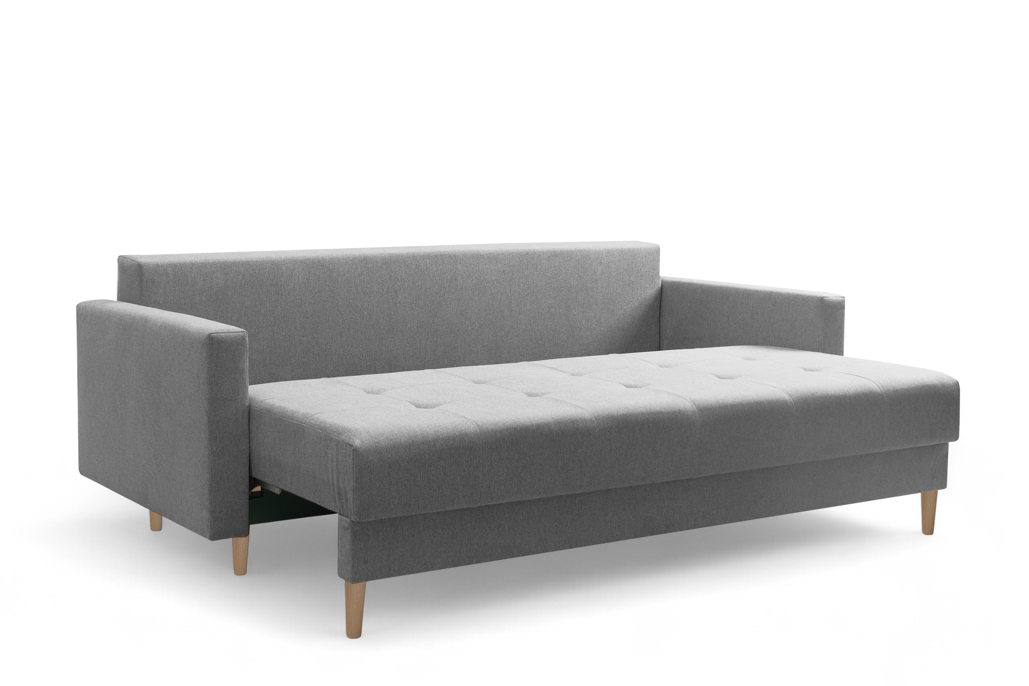 Trojmiestna rozkladacia pohovka Romano – sivá pletená látka Gemma 86 / bukové nožičky Pohovka rozkladana trojmiestna Romano - šedá plecionka Gemma 86 / buk