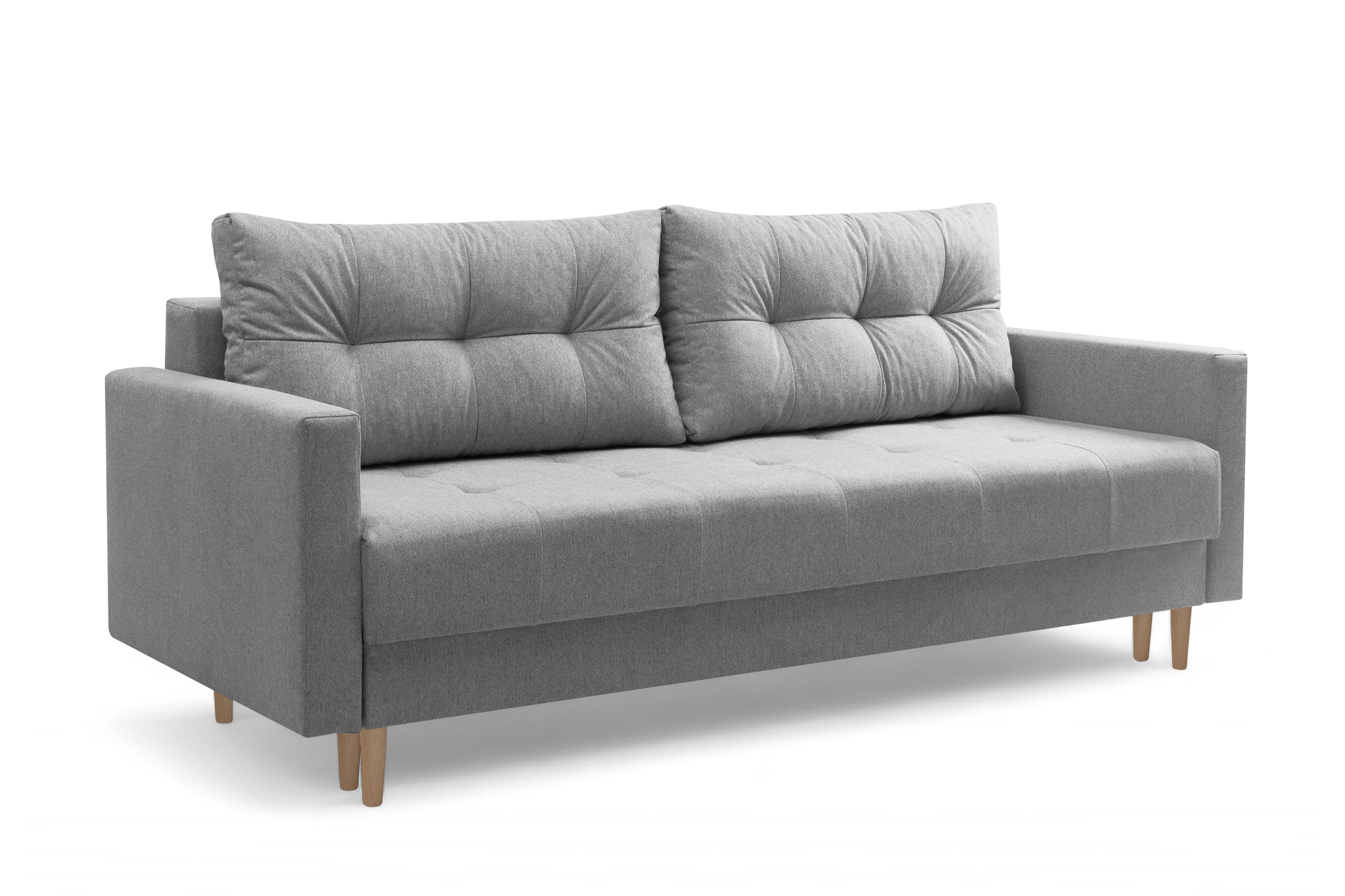 Trojmiestna rozkladacia pohovka Romano – sivá pletená látka Gemma 86 / bukové nožičky Pohovka rozkladana trojmiestna Romano - šedá plecionka Gemma 86 / buk