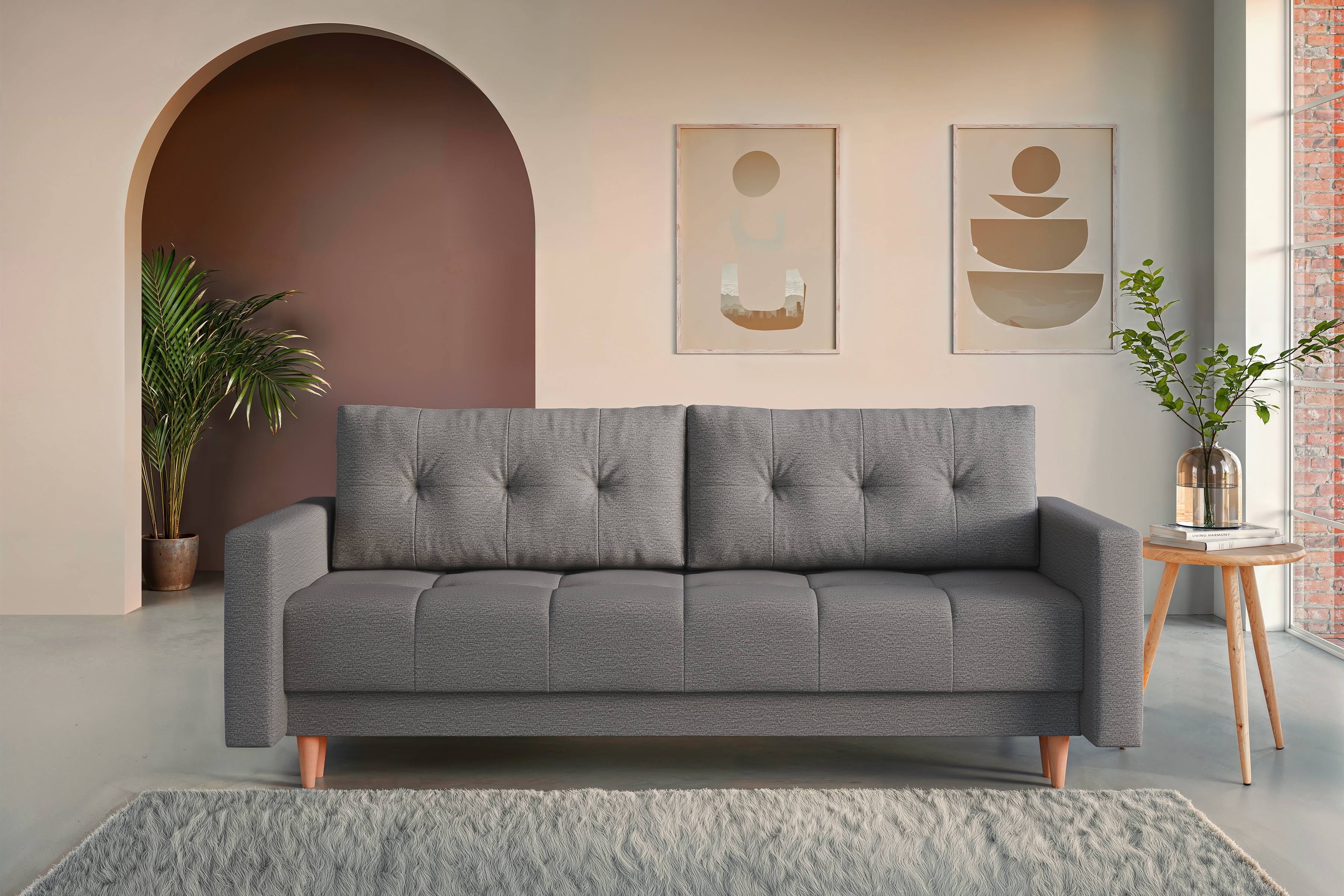 Trojmiestna rozkladacia pohovka Romano – sivá pletená látka Gemma 86 / bukové nožičky Pohovka rozkladana trojmiestna Romano - šedá plecionka Gemma 86 / buk