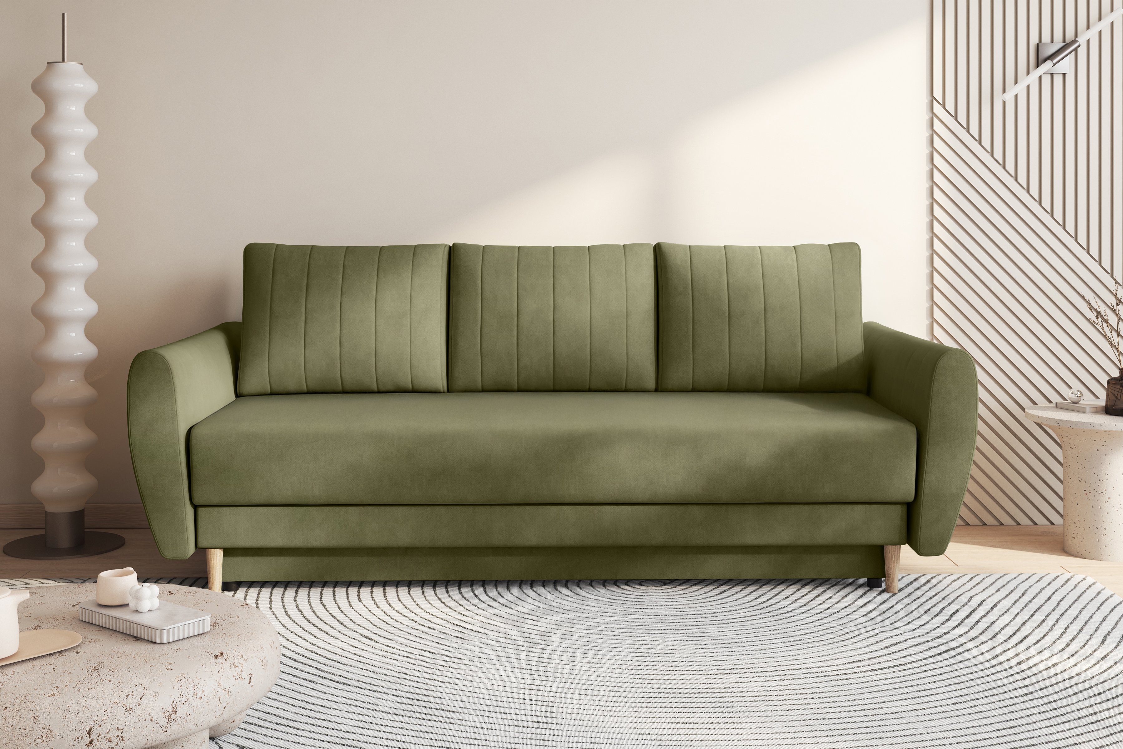 Rozkládací pohovka Mikni s úložným prostorem - olivový samet Salvador 8 / nohy buk Pohovka rozkladana s úložným prostorem Mikni - oliwkowy samet hydrofobní  Salvador 8 / buk