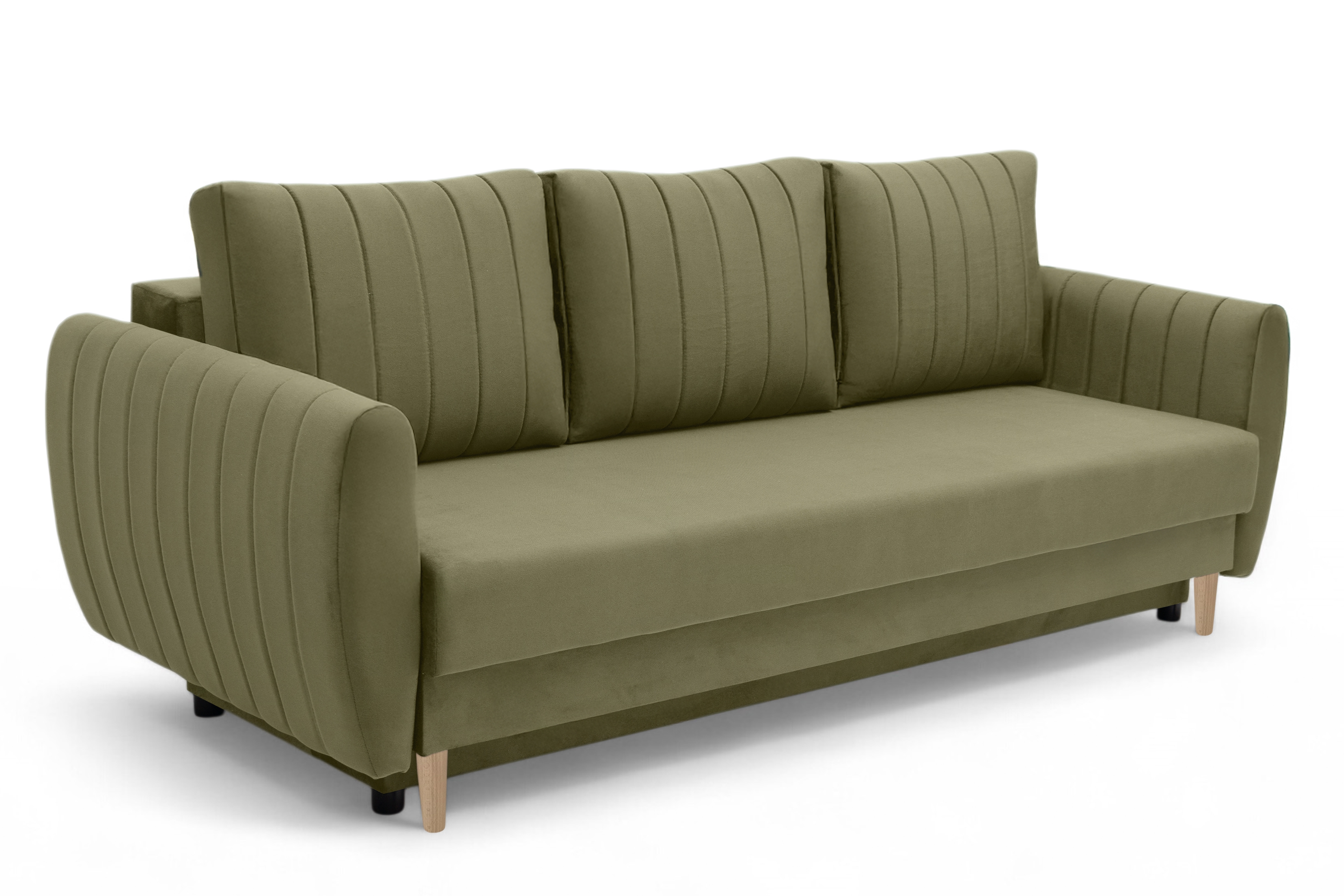 Rozkládací pohovka Mikni s úložným prostorem - olivový samet Salvador 8 / nohy buk Pohovka rozkladana s úložným prostorem Mikni - zelená samet hydrofobní  Salvador 8 / buk