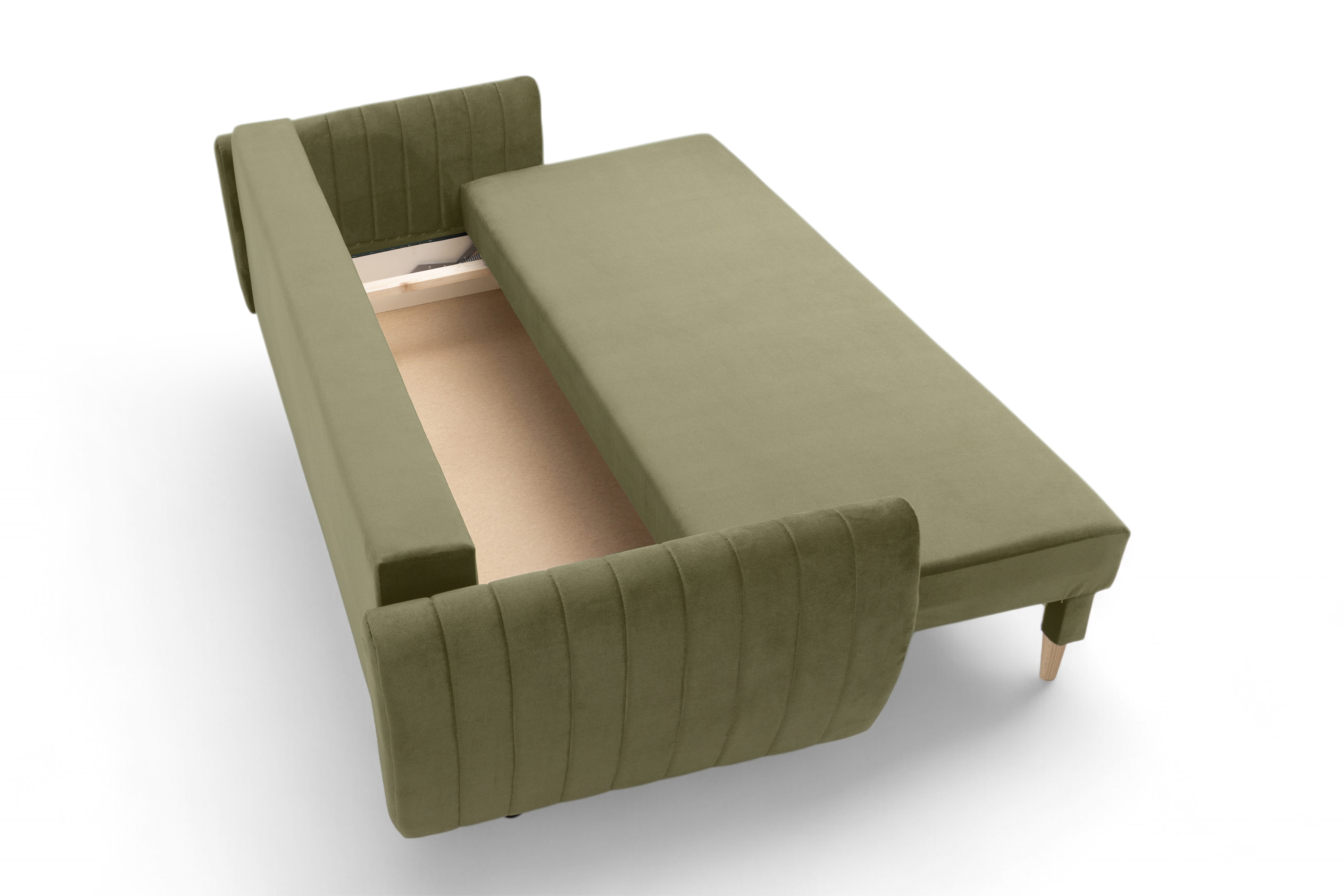 Rozkládací pohovka Mikni s úložným prostorem - olivový samet Salvador 8 / nohy buk Pohovka rozkladana s úložným prostorem Mikni - zelená samet hydrofobní  Salvador 8 / buk