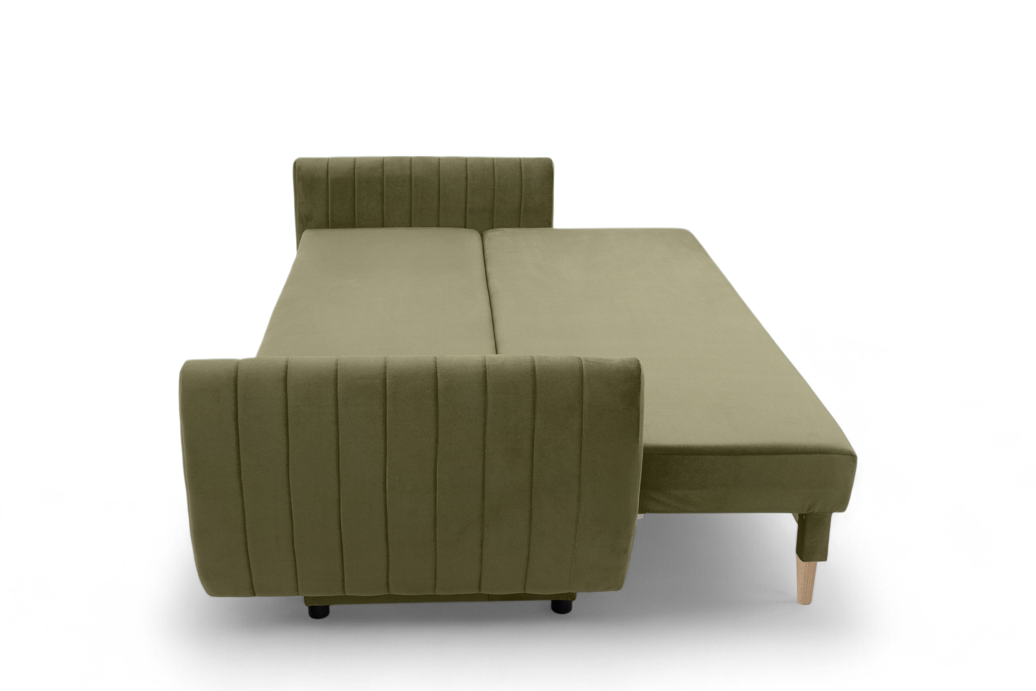 Rozkládací pohovka Mikni s úložným prostorem - olivový samet Salvador 8 / nohy buk Pohovka rozkladana s úložným prostorem Mikni - zelená samet hydrofobní  Salvador 8 / buk