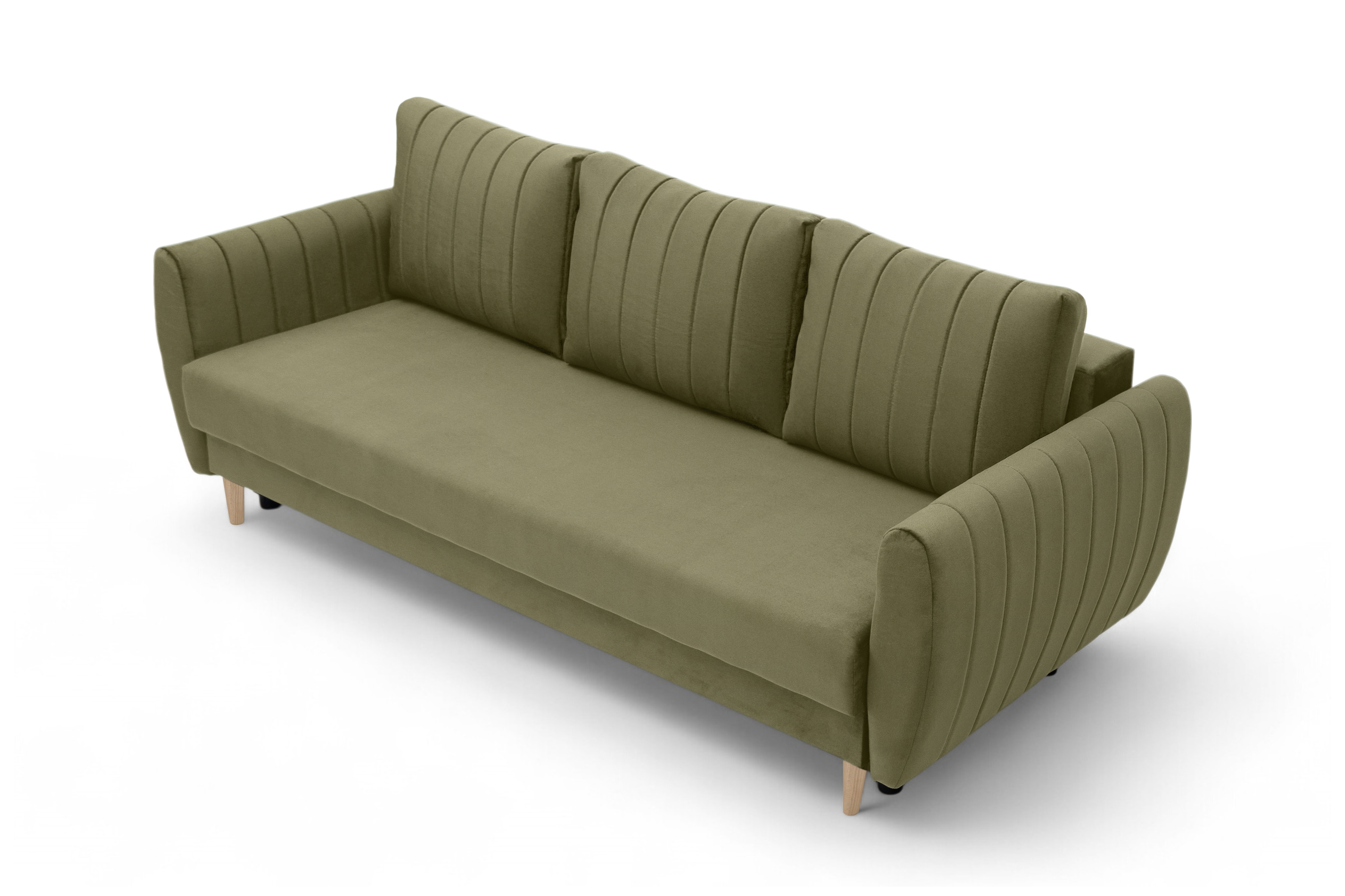 Rozkládací pohovka Mikni s úložným prostorem - olivový samet Salvador 8 / nohy buk Pohovka rozkladana s úložným prostorem Mikni - zelená samet hydrofobní  Salvador 8 / buk