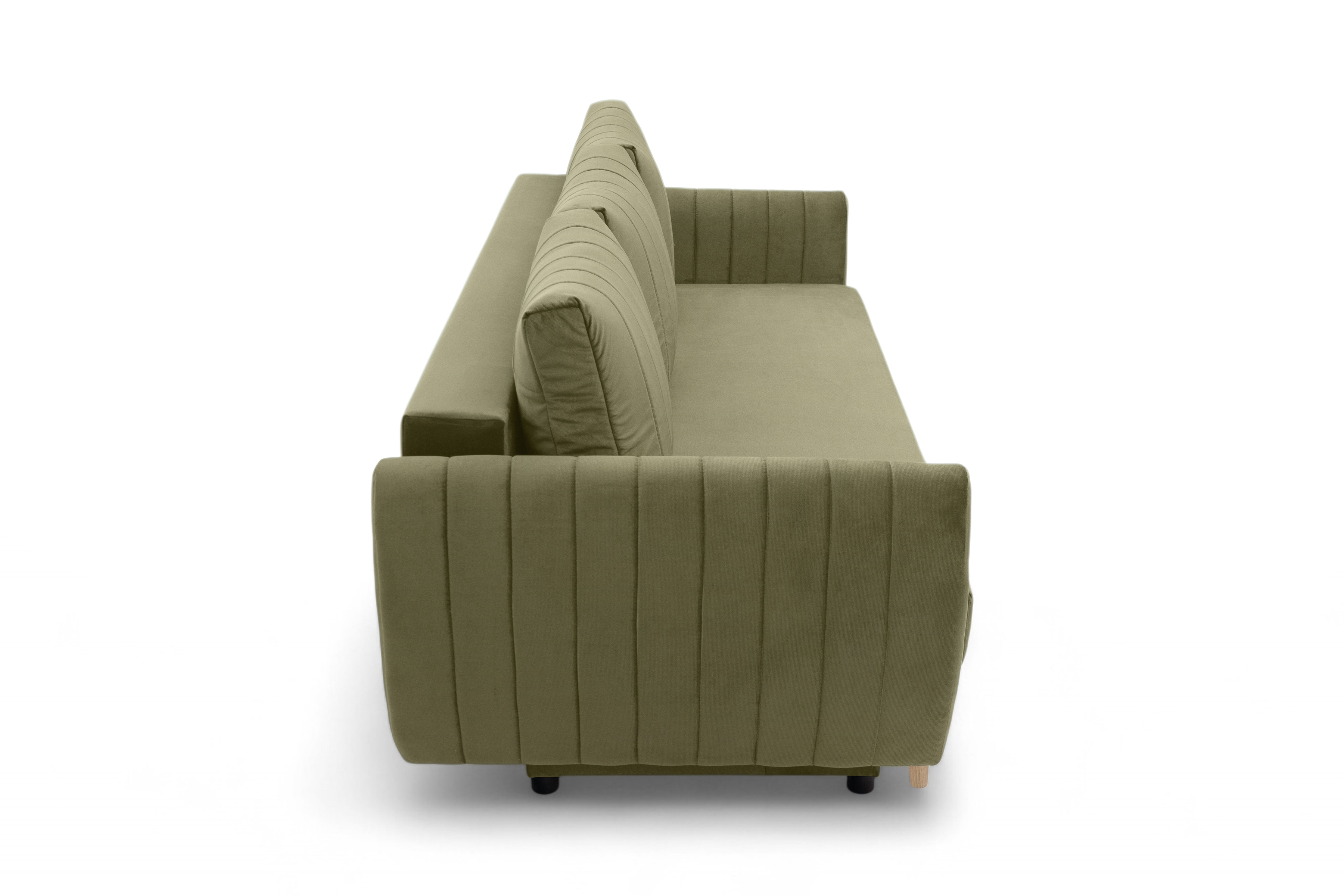 Rozkládací pohovka Mikni s úložným prostorem - olivový samet Salvador 8 / nohy buk Pohovka rozkladana s úložným prostorem Mikni - zelená samet hydrofobní  Salvador 8 / buk