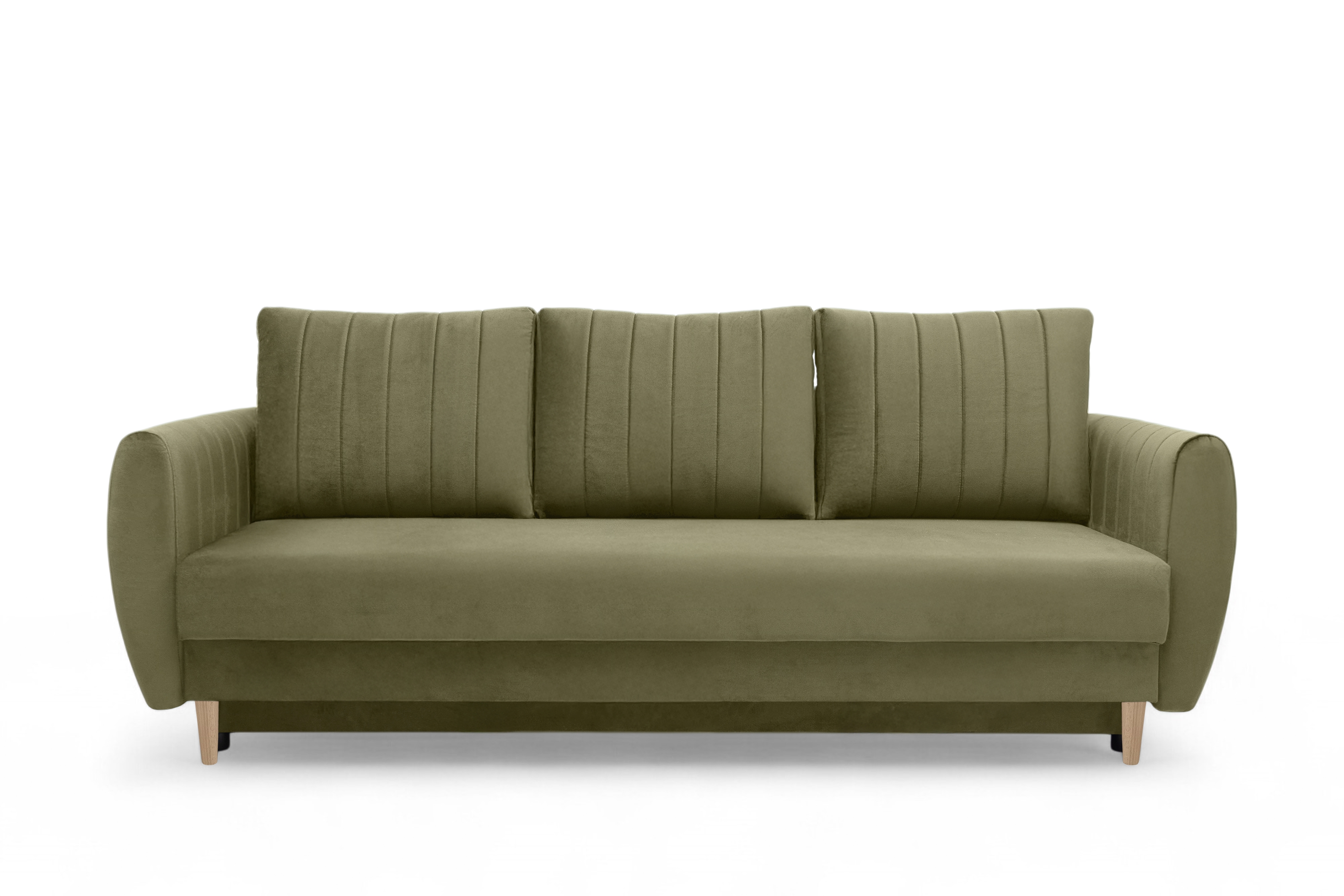 Rozkládací pohovka Mikni s úložným prostorem - olivový samet Salvador 8 / nohy buk Pohovka rozkladana s úložným prostorem Mikni - zelená samet hydrofobní  Salvador 8 / buk