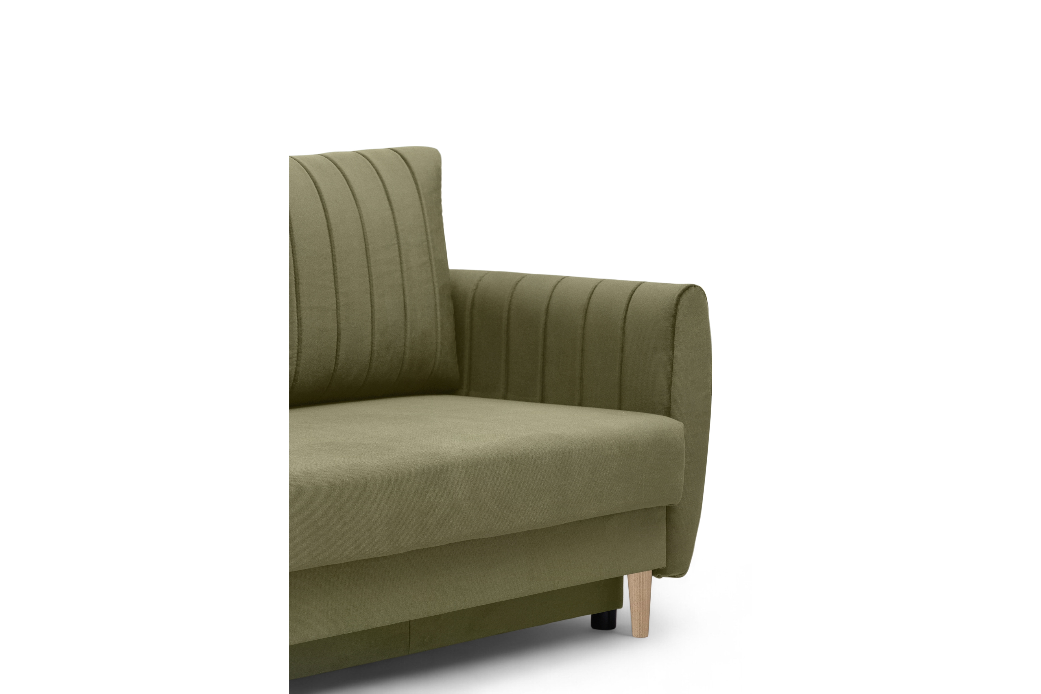 Rozkládací pohovka Mikni s úložným prostorem - olivový samet Salvador 8 / nohy buk Pohovka rozkladana s úložným prostorem Mikni - zelená samet hydrofobní  Salvador 8 / buk