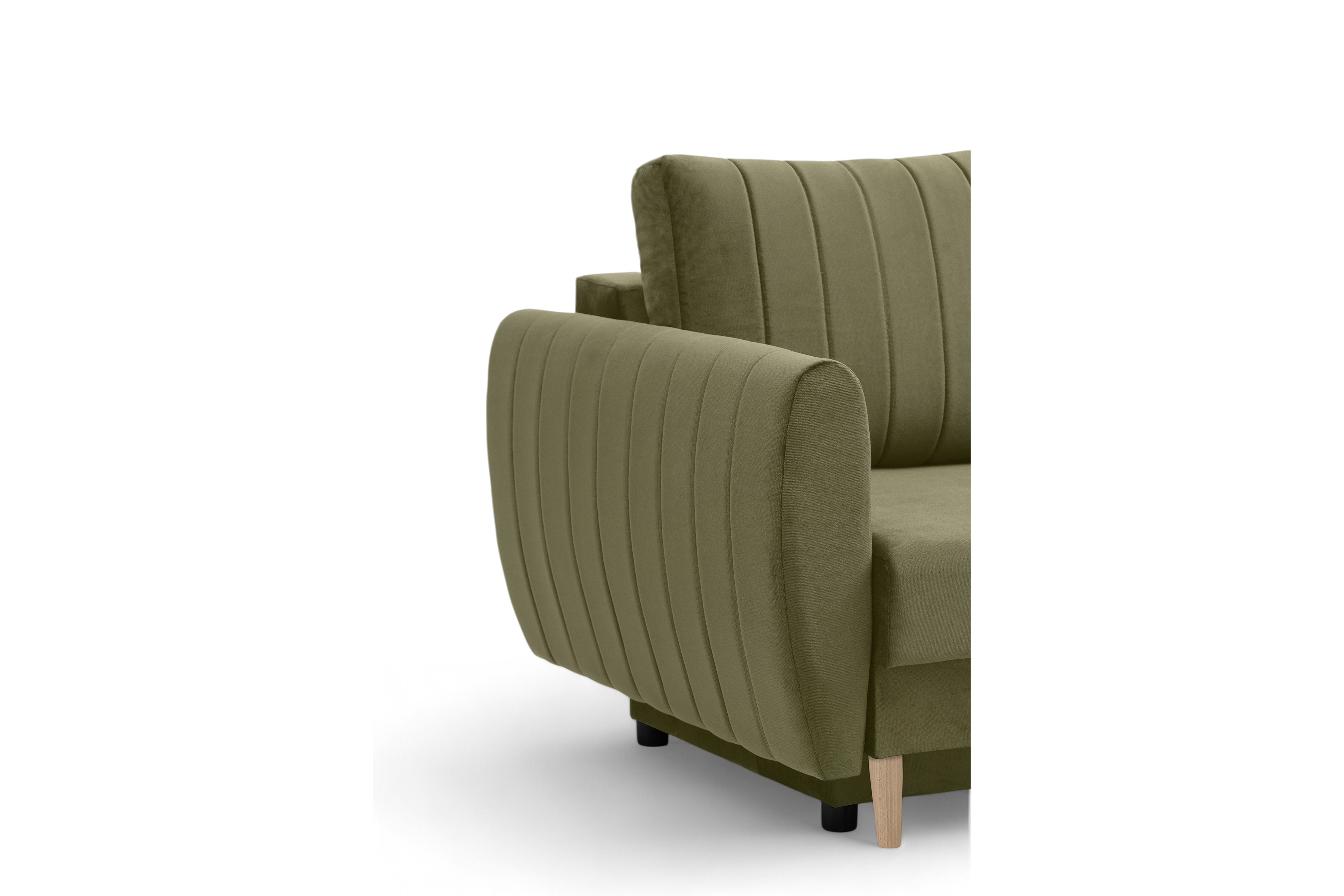 Rozkládací pohovka Mikni s úložným prostorem - olivový samet Salvador 8 / nohy buk Pohovka rozkladana s úložným prostorem Mikni - zelená samet hydrofobní  Salvador 8 / buk