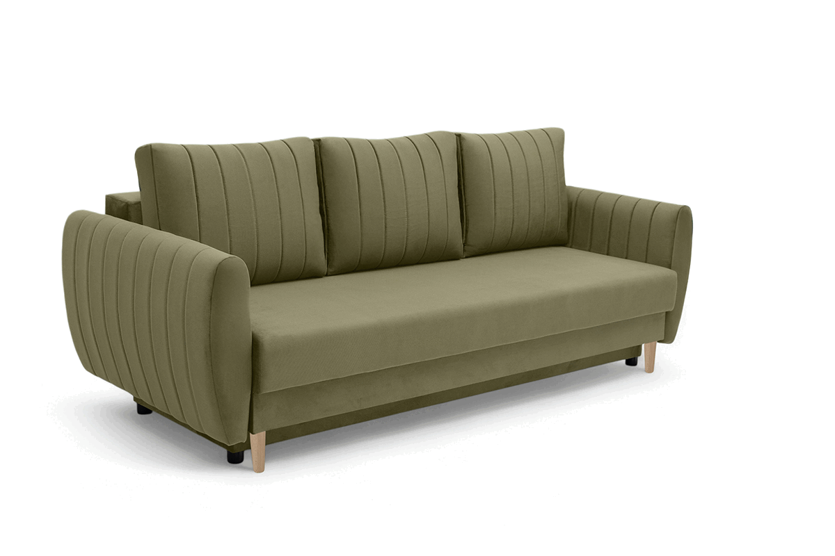 Rozkládací pohovka Mikni s úložným prostorem - olivový samet Salvador 8 / nohy buk Pohovka rozkladana s úložným prostorem Mikni - zelená samet hydrofobní  Salvador 8 / buk