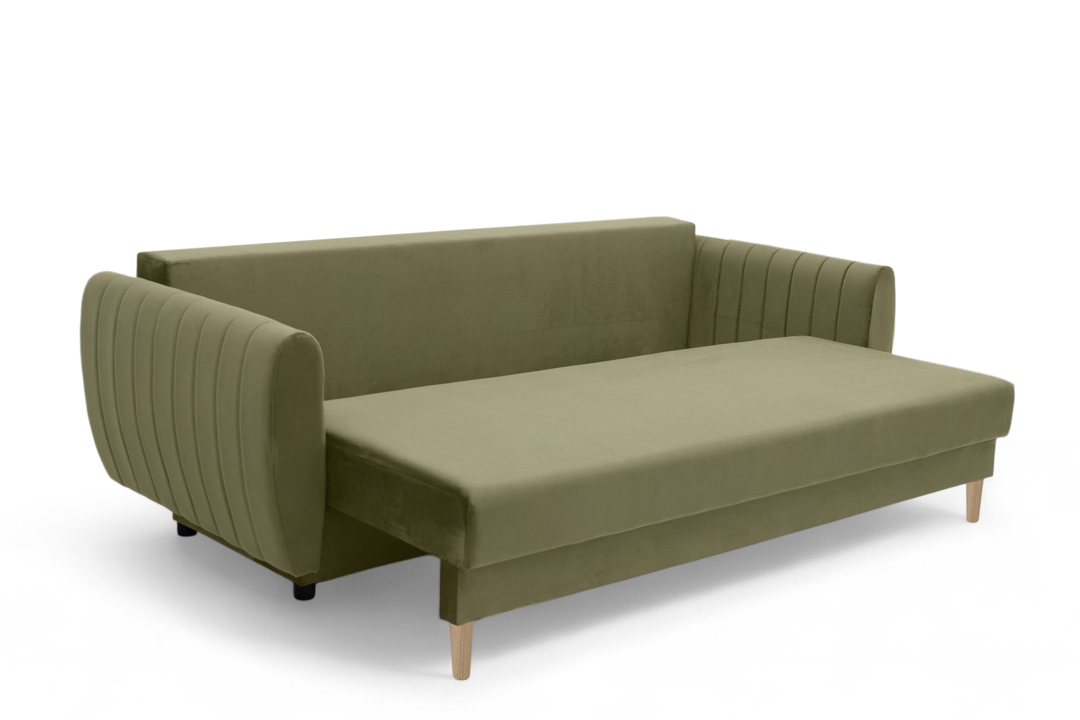 Rozkládací pohovka Mikni s úložným prostorem - olivový samet Salvador 8 / nohy buk Pohovka rozkladana s úložným prostorem Mikni - zelená samet hydrofobní  Salvador 8 / buk