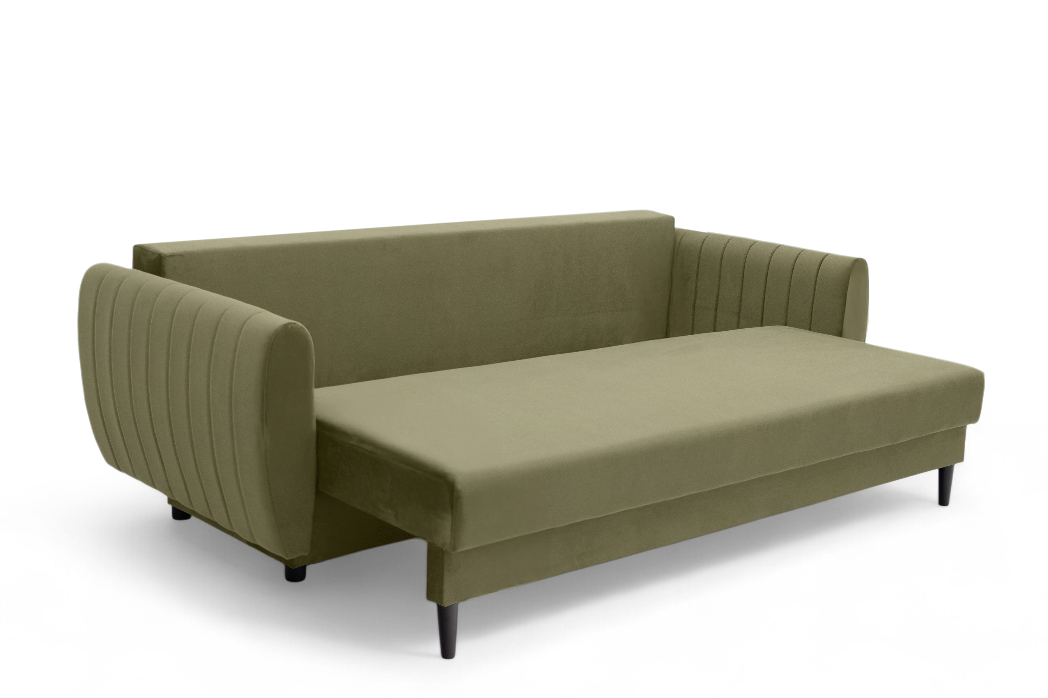 Rozkladacia pohovka Mikni s úložným priestorom - olivový hydrofóbny zamat Salvador 8 / nožičky venge Pohovka rozkladana s úložným priestorom Mikni - Zelený zamat hydrofobowy Salvador 8 / Venge