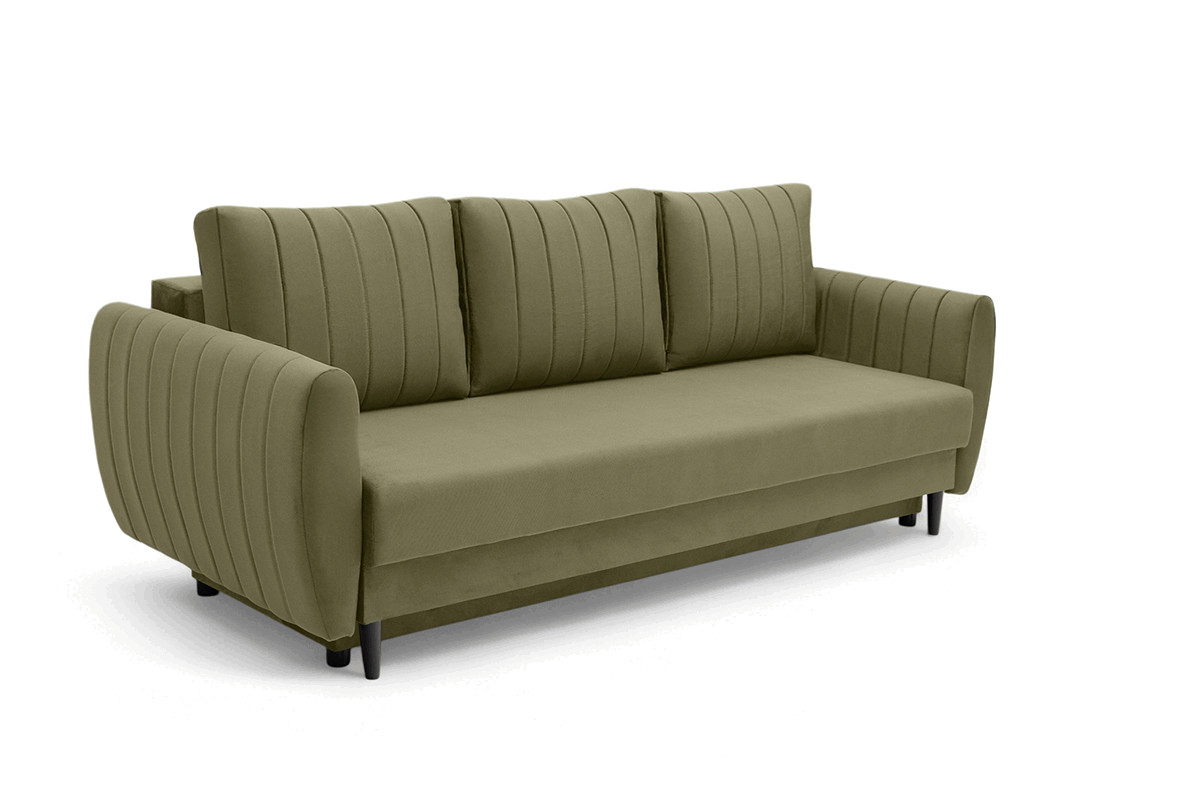 Rozkladacia pohovka Mikni s úložným priestorom - olivový hydrofóbny zamat Salvador 8 / nožičky venge Pohovka rozkladana s úložným priestorom Mikni - Zelený zamat hydrofobowy Salvador 8 / Venge