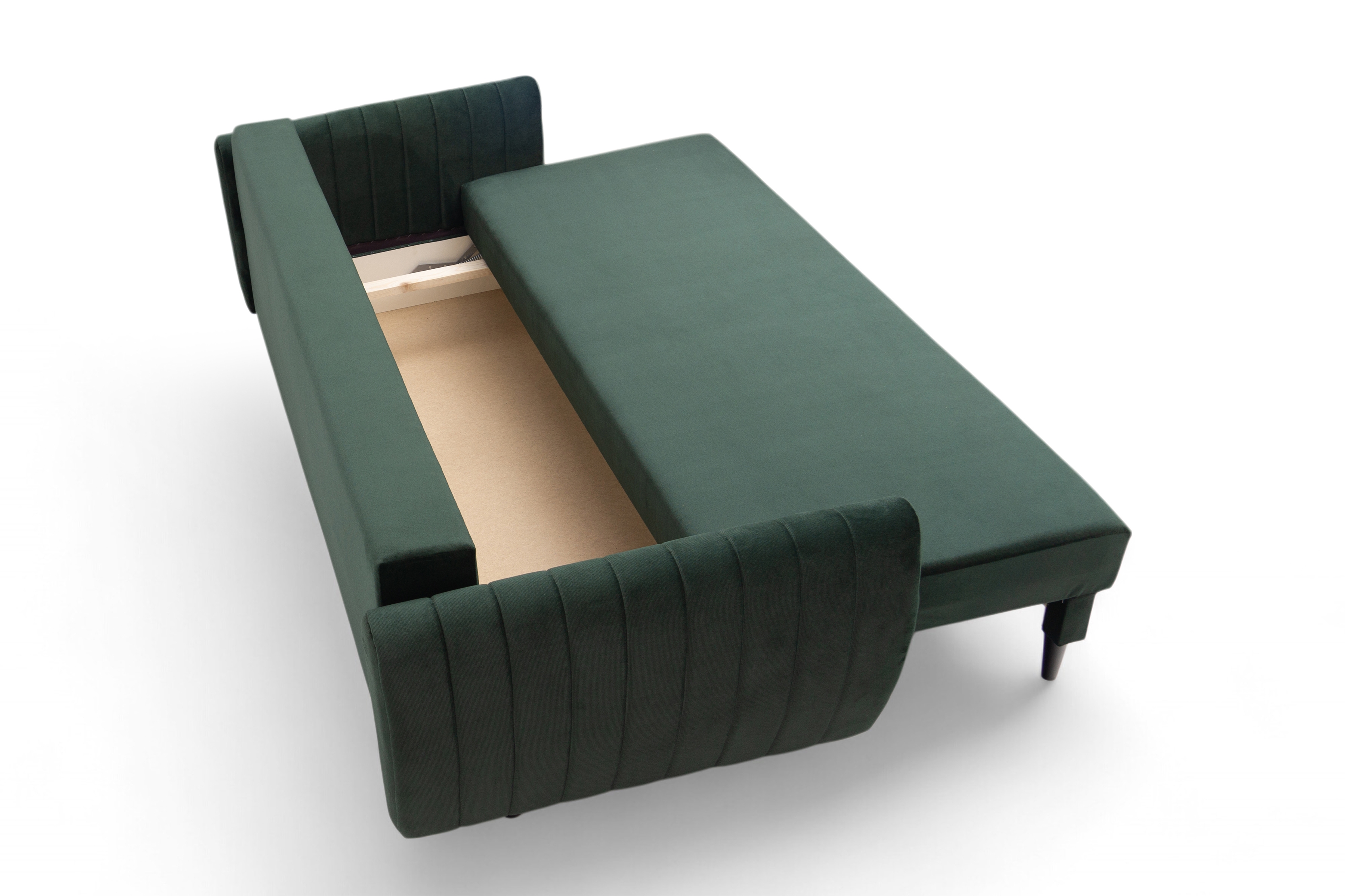 Rozkladacia pohovka Mikni s úložným priestorom – zelený zamat Kronos 14 / nožičky venge Pohovka rozkladana s úložným priestorom Mikni - Zelený zamat Kronos 14 / Venge