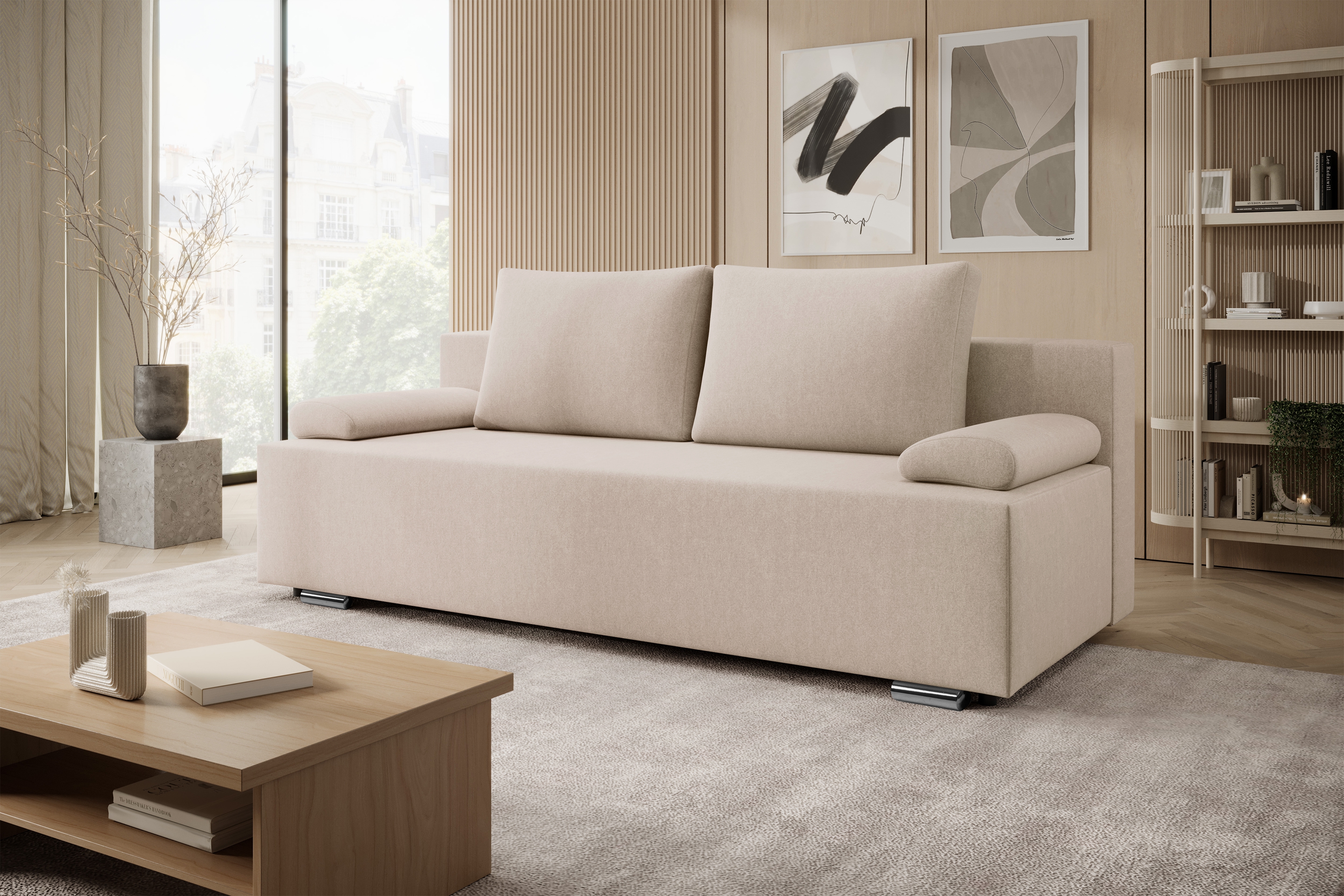 Rozkladacia pohovka Morena s úložným priestorom – béžový hydrofóbny plyš Pretty 03 Pohovka rozkladana s úložným priestorom Morena - béžový plusz hydrofobowy Pretty 03