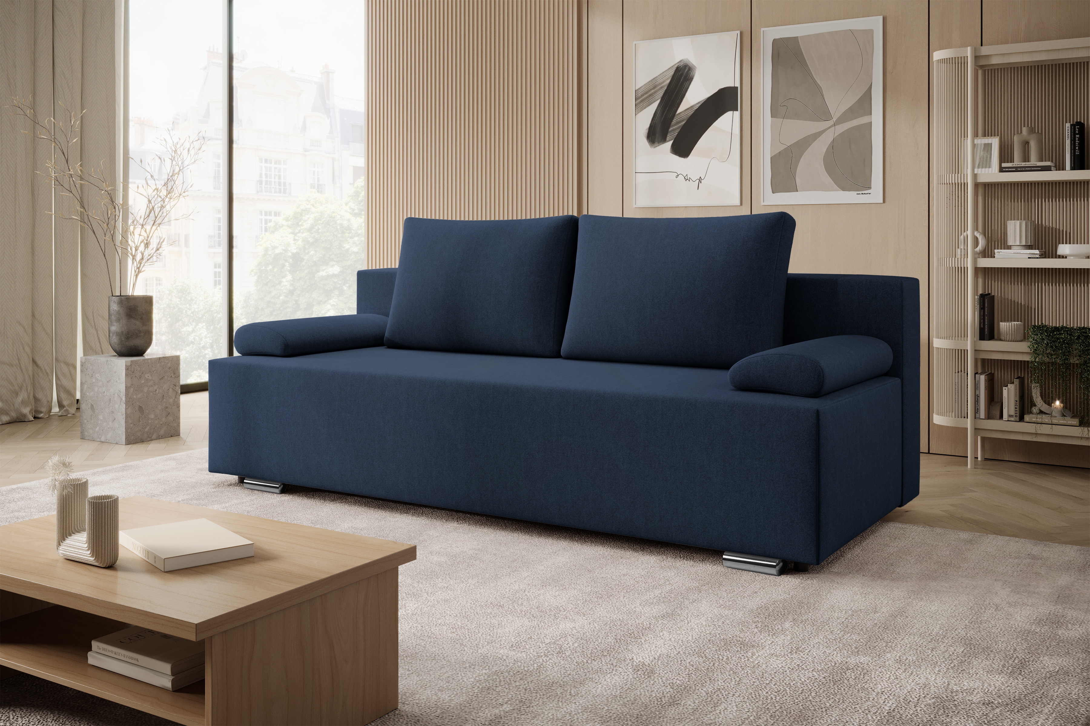 Rozkladacia pohovka Morena s úložným priestorom – tmavomodrý hydrofóbny plyš Pretty 22 Pohovka rozkladana s úložným priestorom Morena - námornícka modrá plusz hydrofobowy Pretty 22