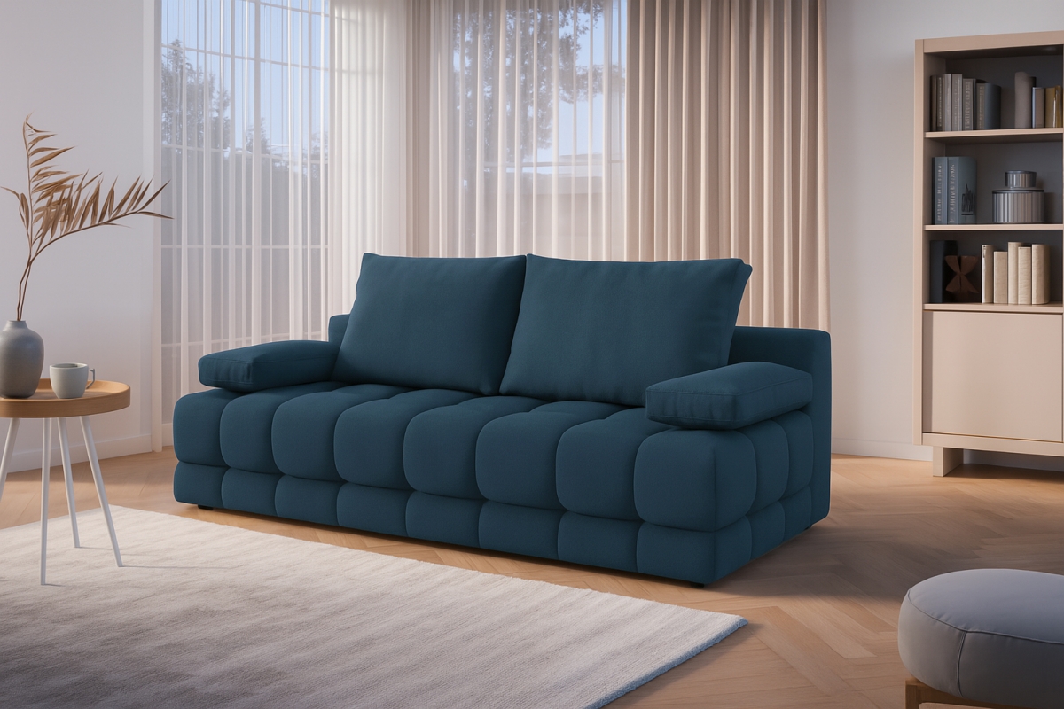 Rozkladacia pohovka Tuko s úložným priestorom – tmavomodrá pletenina Freya 210-28 Pohovka Tuko rozkladana S vnútorným úložným priestorom- námornícka modrá dzianina Freya 210-28