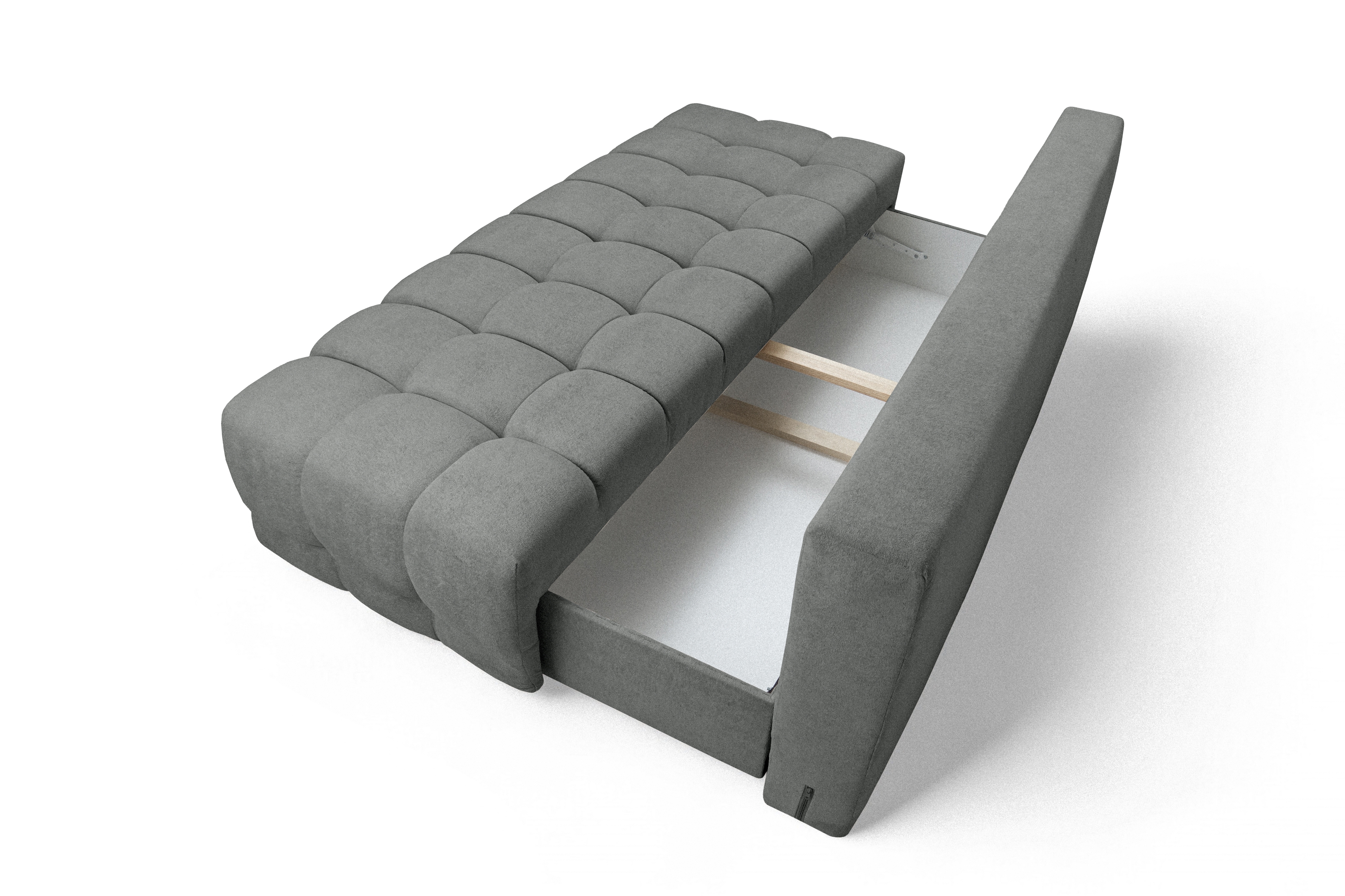 Rozkladacia pohovka Tuko s úložným priestorom – sivá pletenina Freya 210.21 Pohovka Tuko rozkladana S vnútorným úložným priestorom- šedá boucle Freya 210.21