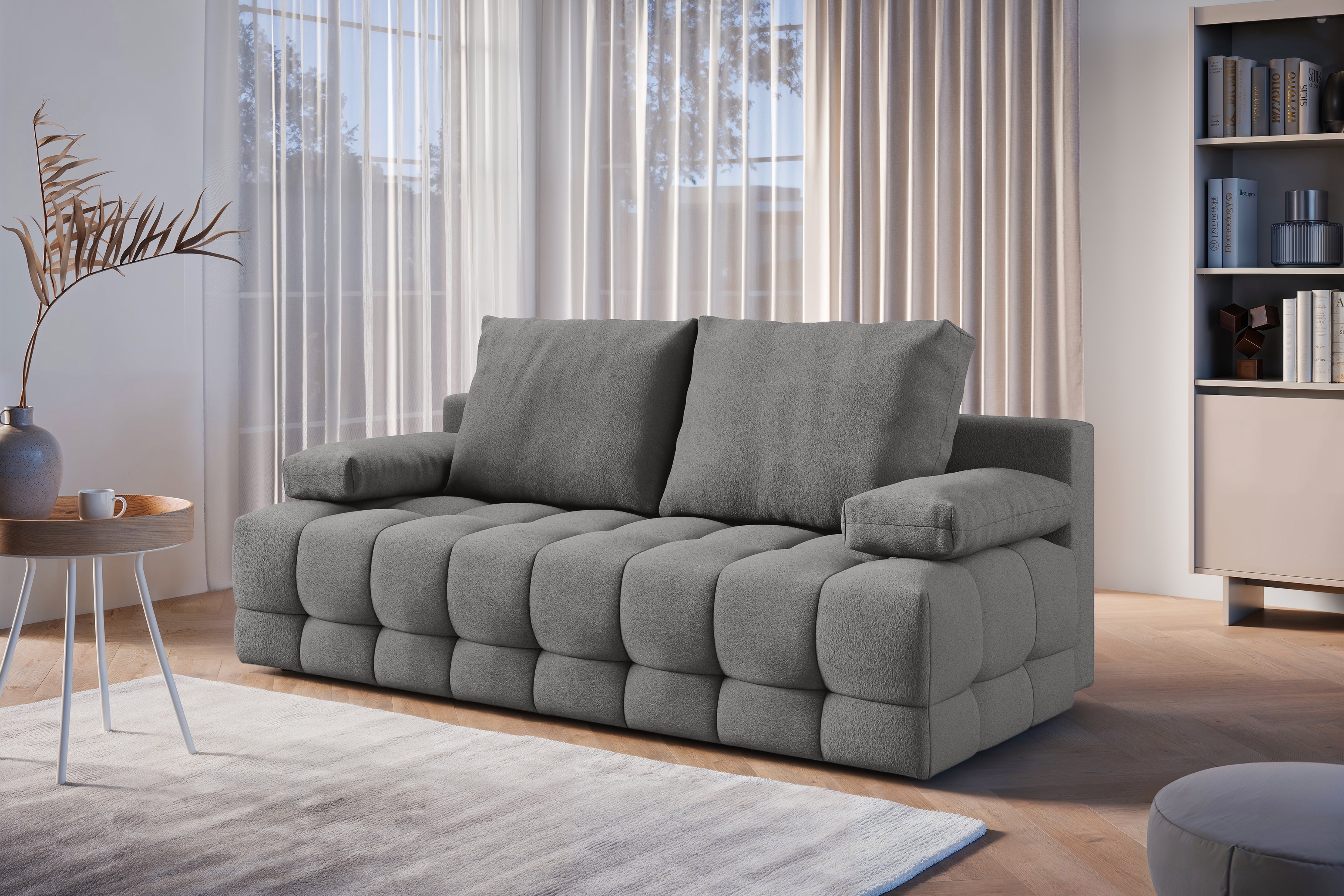 Rozkladacia pohovka Tuko s úložným priestorom – sivá pletenina Freya 210.21 Pohovka Tuko rozkladana S vnútorným úložným priestorom- šedá boucle Freya 210.21