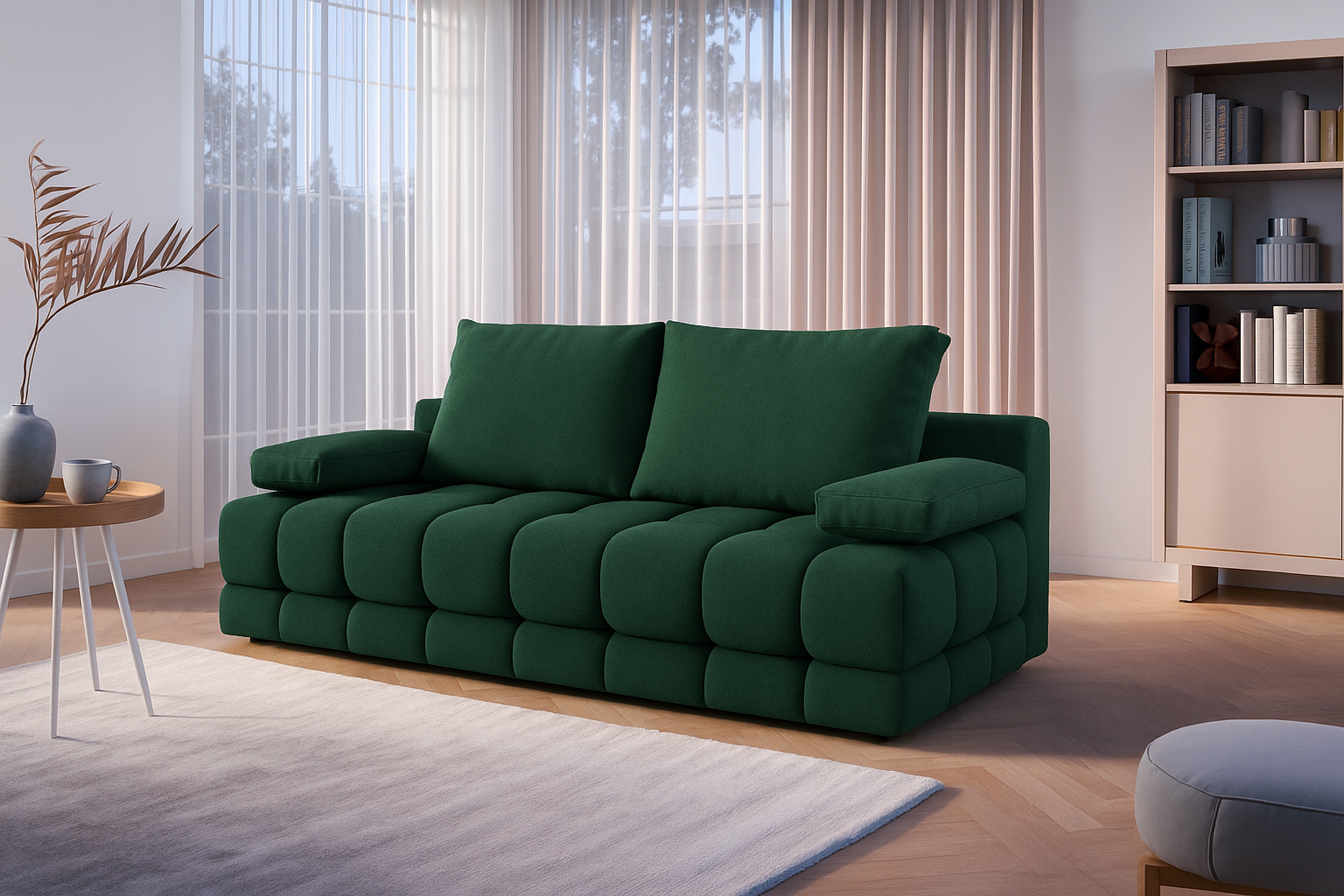 Rozkladacia pohovka Tuko s úložným priestorom – zelená pletenina Freya 210-09 Pohovka Tuko rozkladana S vnútorným úložným priestorom- zelená boucle Freya 210-09