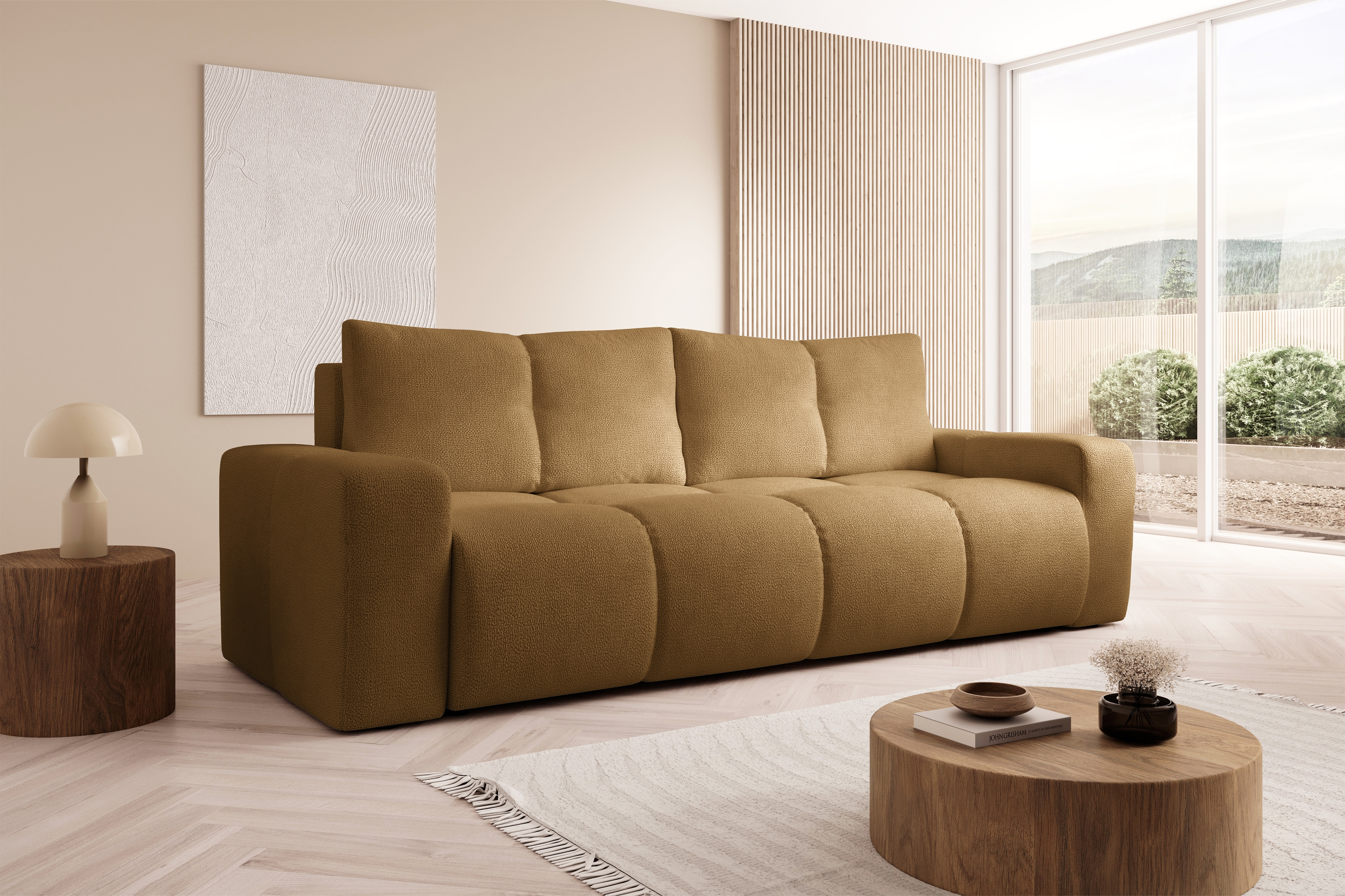 Rozkládací pohovka Vebra s úložným prostorem - hořčicový šenil Perfect Harmony 56 Gauč Vebra s funkcí spaní a úložným prostorem na posciel - hořčice šenil Perfect Harmony 56