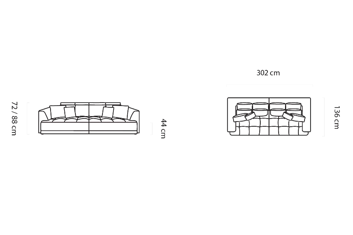 Rozkládací pohovka TA BA s elektrickým otevíráním – vícebarevná látka Hug Me 23 / Jungle 32 / Botanical 54 Pohovka s elektricky výsuvným sedákem Tiga Bigsofa - Rozmery