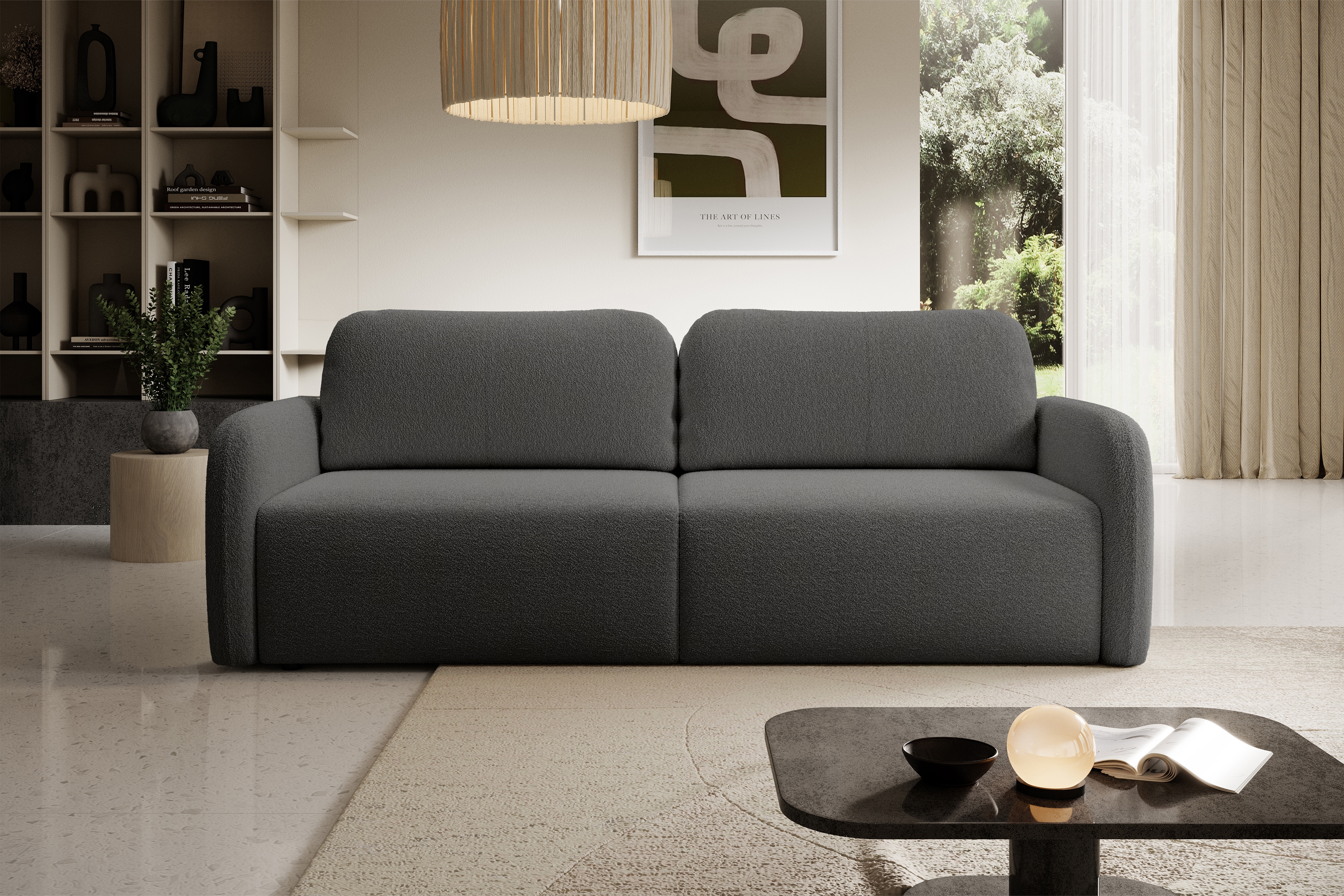 Rozkladacia pohovka Limpik - grafitová bouclé Lambi 12 Pohovka s funkciou spania Limpik - grafitowa boucle Lambi 12