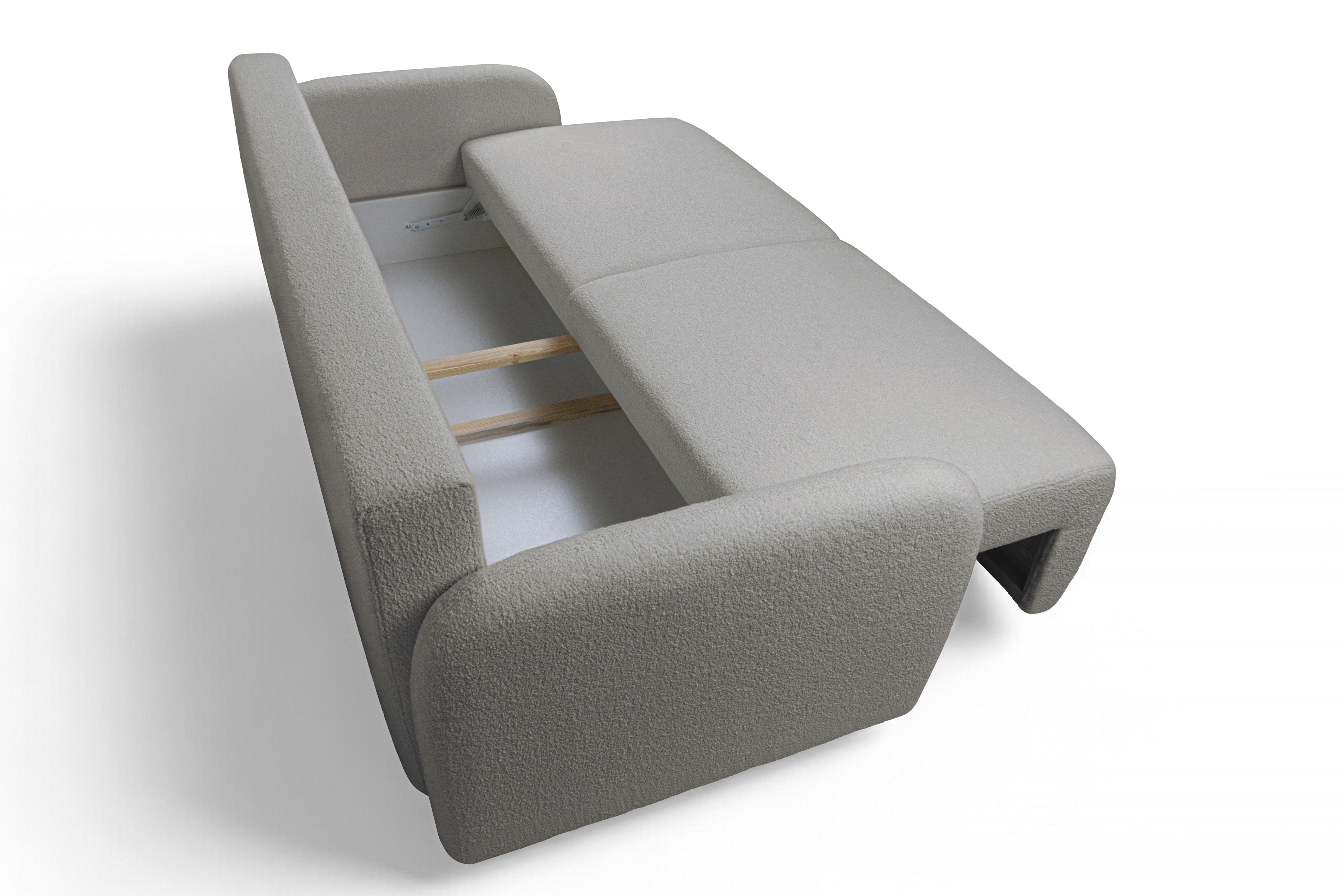 Rozkladacia pohovka Limpik - sivá bouclé Lambi 11 Pohovka s funkciou spania Limpik - Skriňa boucle Lambi 11