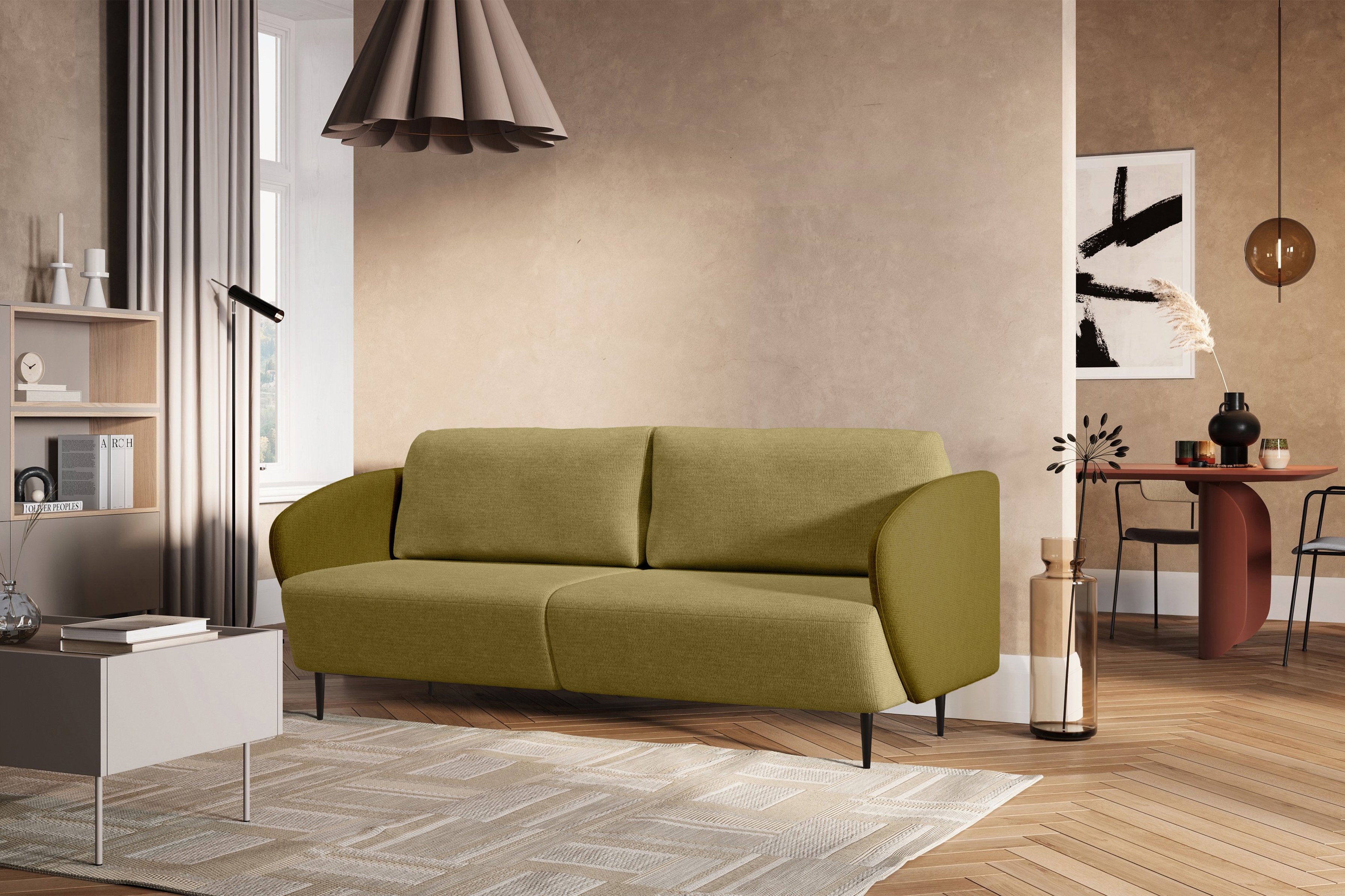 Rozkladacia pohovka Naolia - horčicová pletená látka Magni 206.09 + 206.10 / čierne nožičky Pohovka s funkciou spánku Naolia - musztardowa plecionka Magni 206.09 + 206.10 / nožičky čierny 