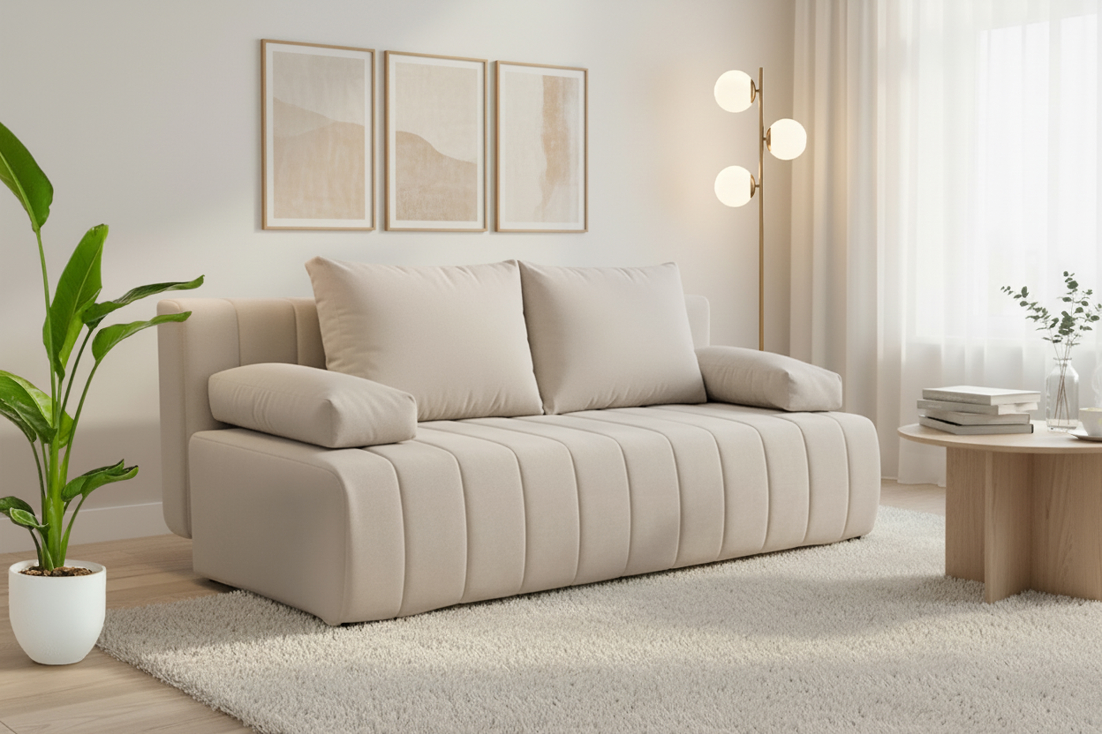 Rozkladacia pohovka s úložným priestorom Neli s funkciou spania - béžový plyš Pretty 03 Pohovka s funkciou spánku Neli rozkladana S vnútorným úložným priestorom- béžový plusz Pretty 03