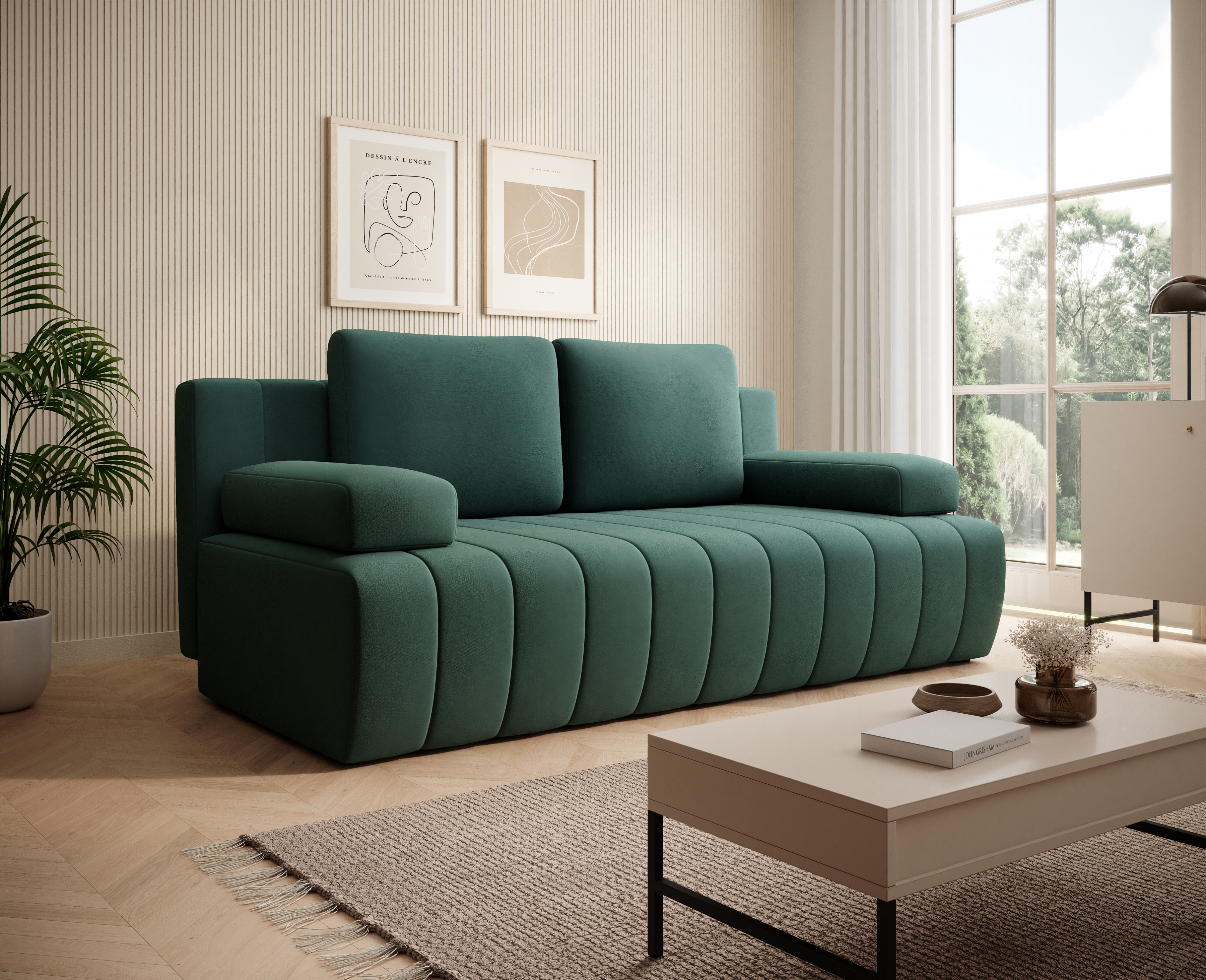 Rozkládací pohovka Neli s úložným prostorem - tmavě zelená Kronos 19 Pohovka rozkládací Neli rozkladana s úložným prostorem- tmavá zelená samet Kronos 19