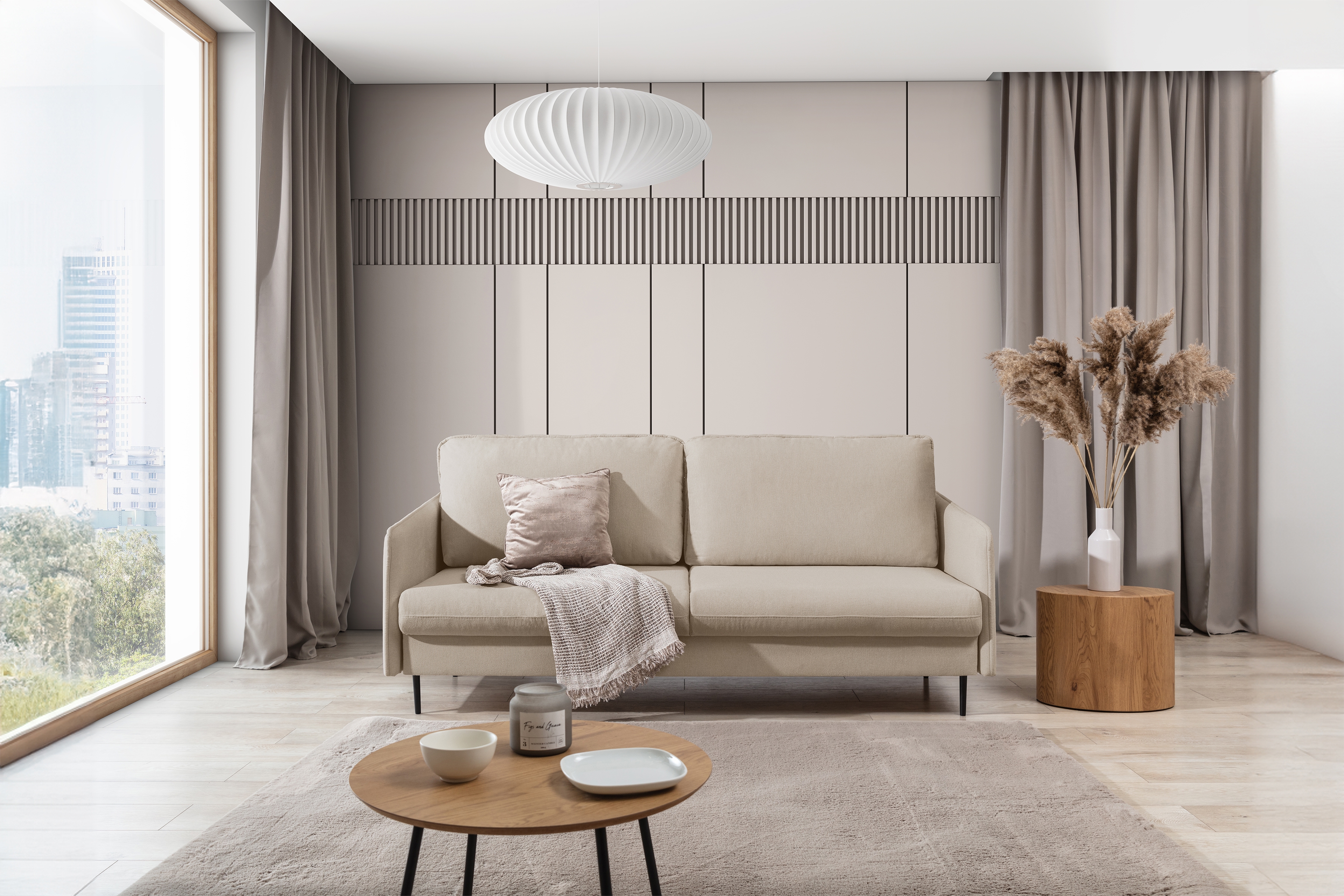 Rozkladacia pohovka Taila s funkciou spania - béžová pletená látka Storm 06 / čierne nohy Pohovka s funkciou spánku Taila - Béžová plecionka Storm 06 / čierny nožičky