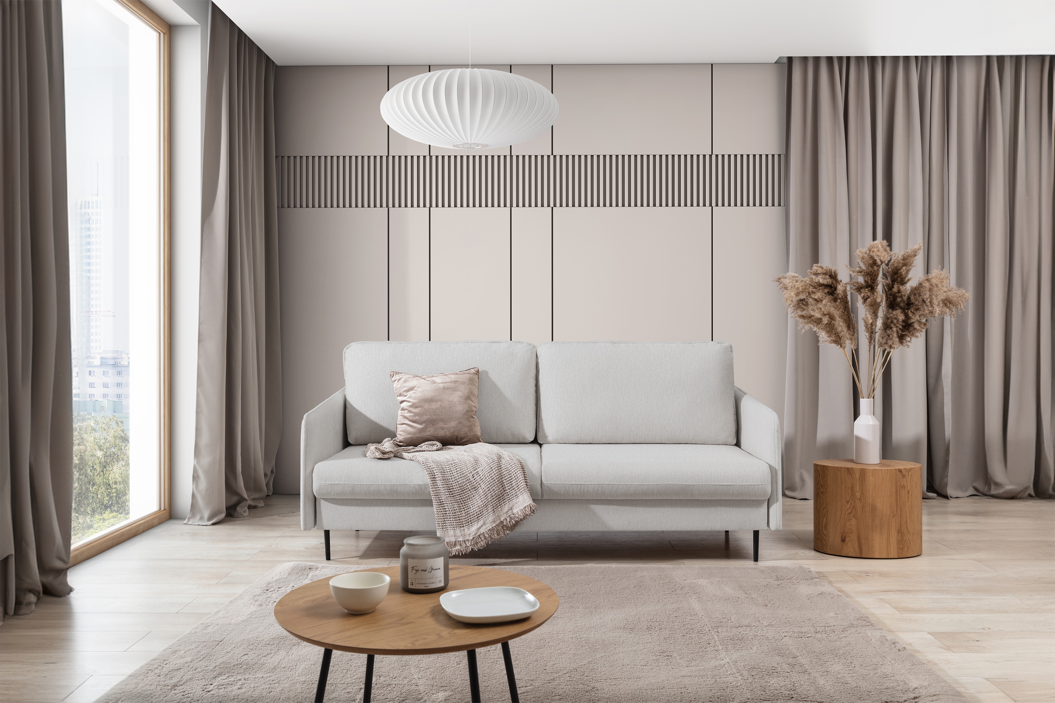 Rozkladacia pohovka Taila - svetlosivá tkanina Gemma 01 - čierne nohy Pohovka s funkciou spánku Taila - jasnoszara plecionka Gemma 01 / čierny nožičky