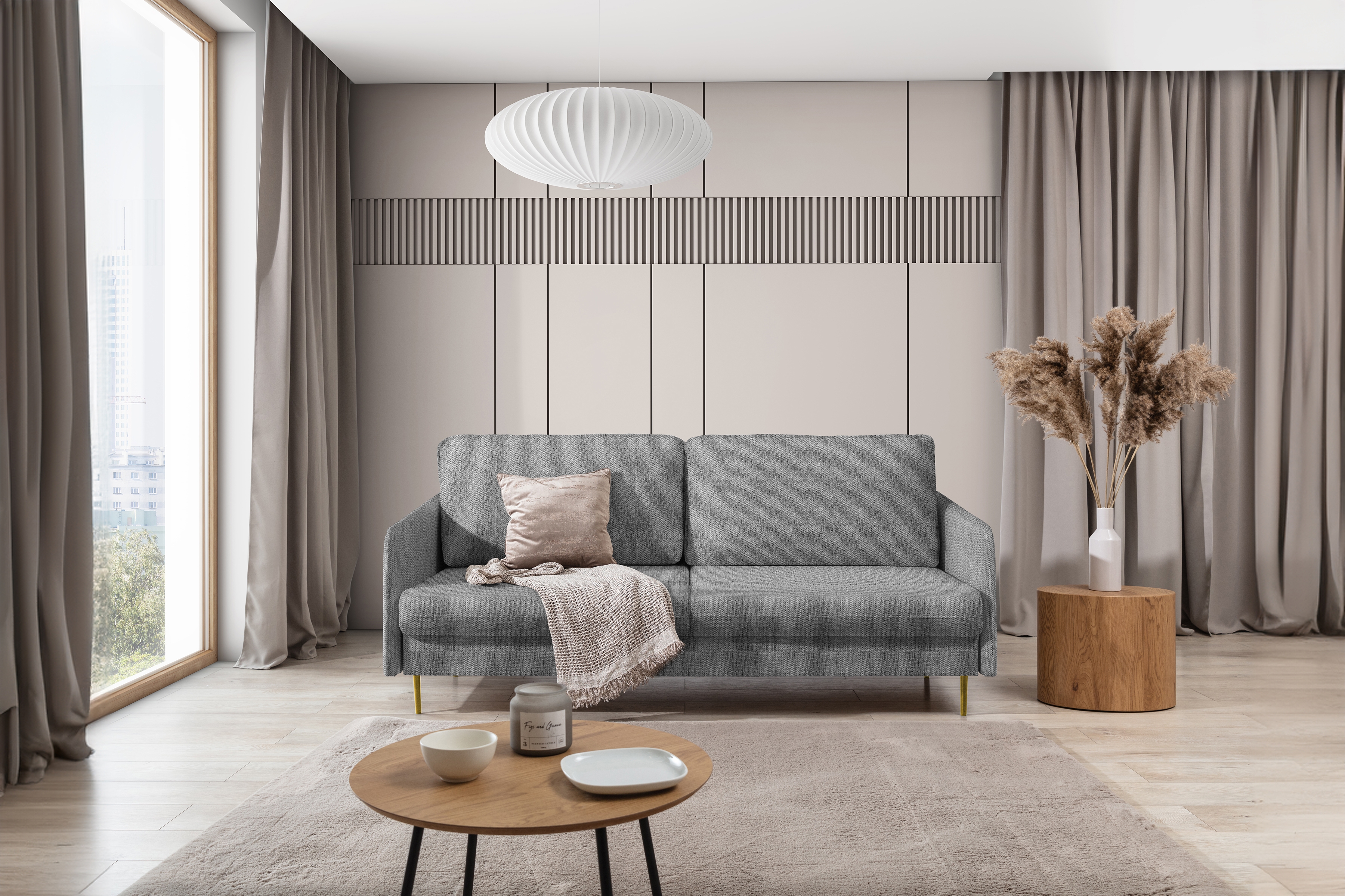 Rozkladacia pohovka Taila - šedá pletenina Gemma 86 / zlaté nožičky Pohovka Taila z waskimi bokami 