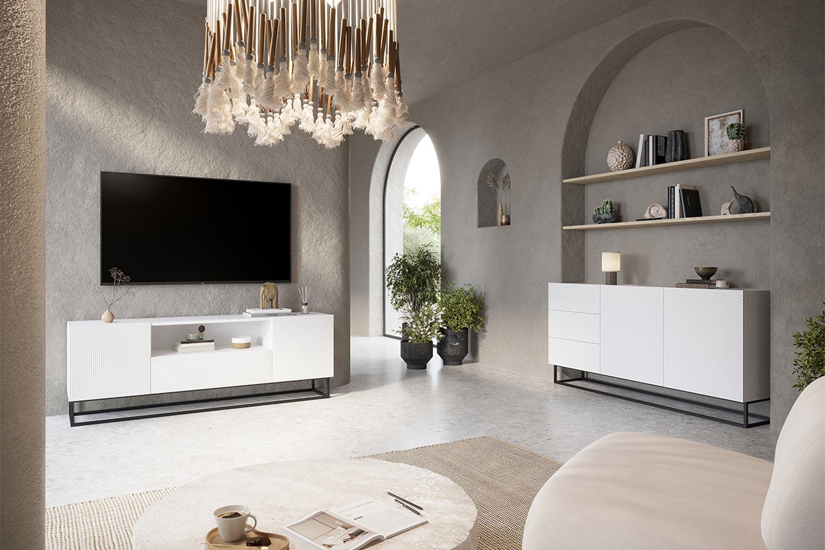 Komoda Asha 167 cm na čiernom podstavci - biely mat Komoda Asha