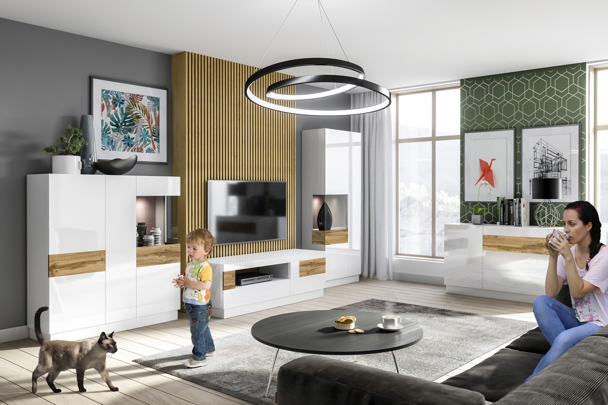 Komoda Silke 43 - bílý lesk / dub wotan biale Nábytek