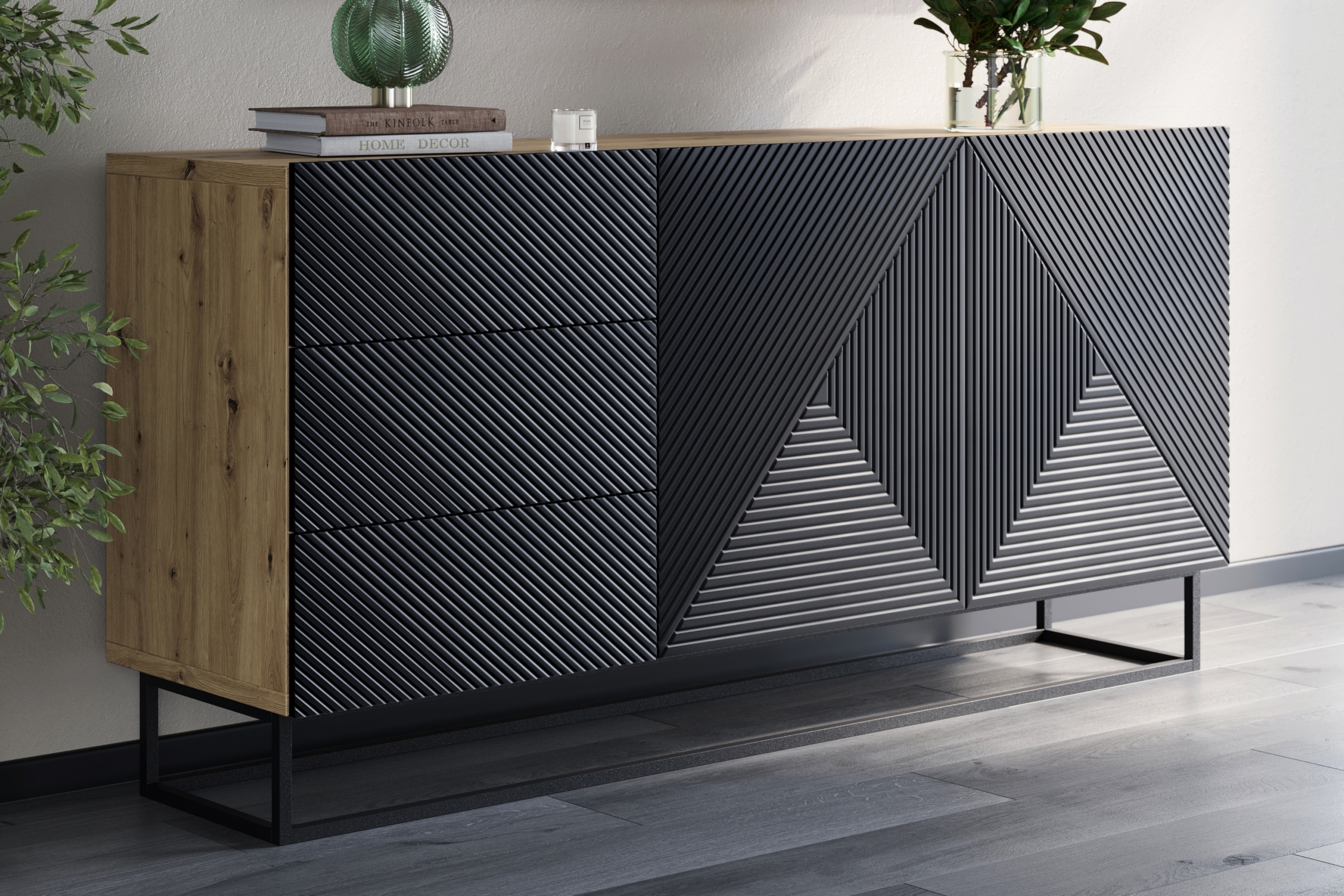 Komoda Asha 167 cm na čiernom podstavci - artisan / čierny mat Komoda Asha 167 cm so zásuvkami i metalowymi nogami - artisan / Čierny mat