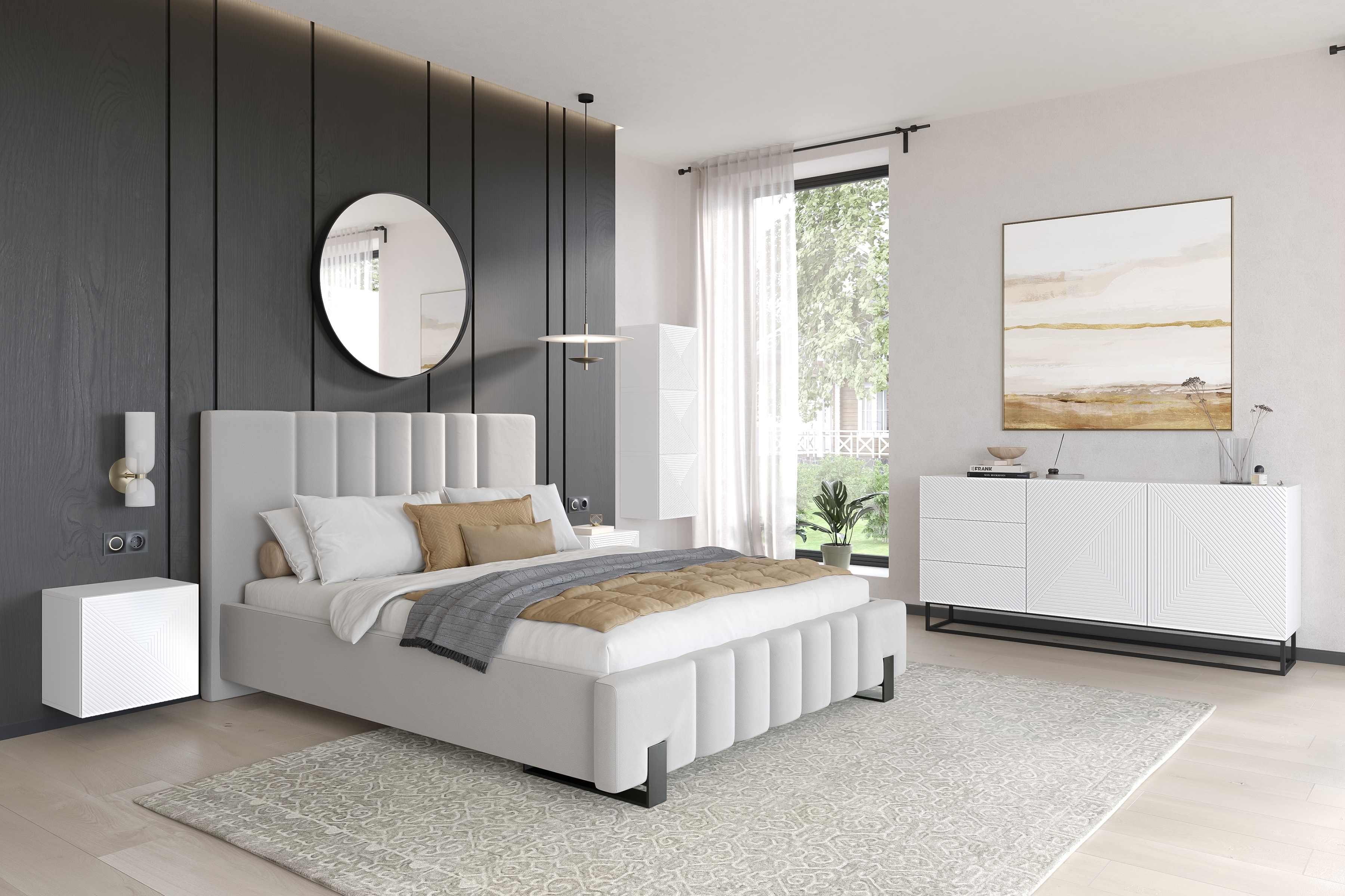 Komoda Asha 167 cm na čiernom podstavci - biely mat Komoda Asha 167 cm so zásuvkami i metalowymi nogami - biely mat