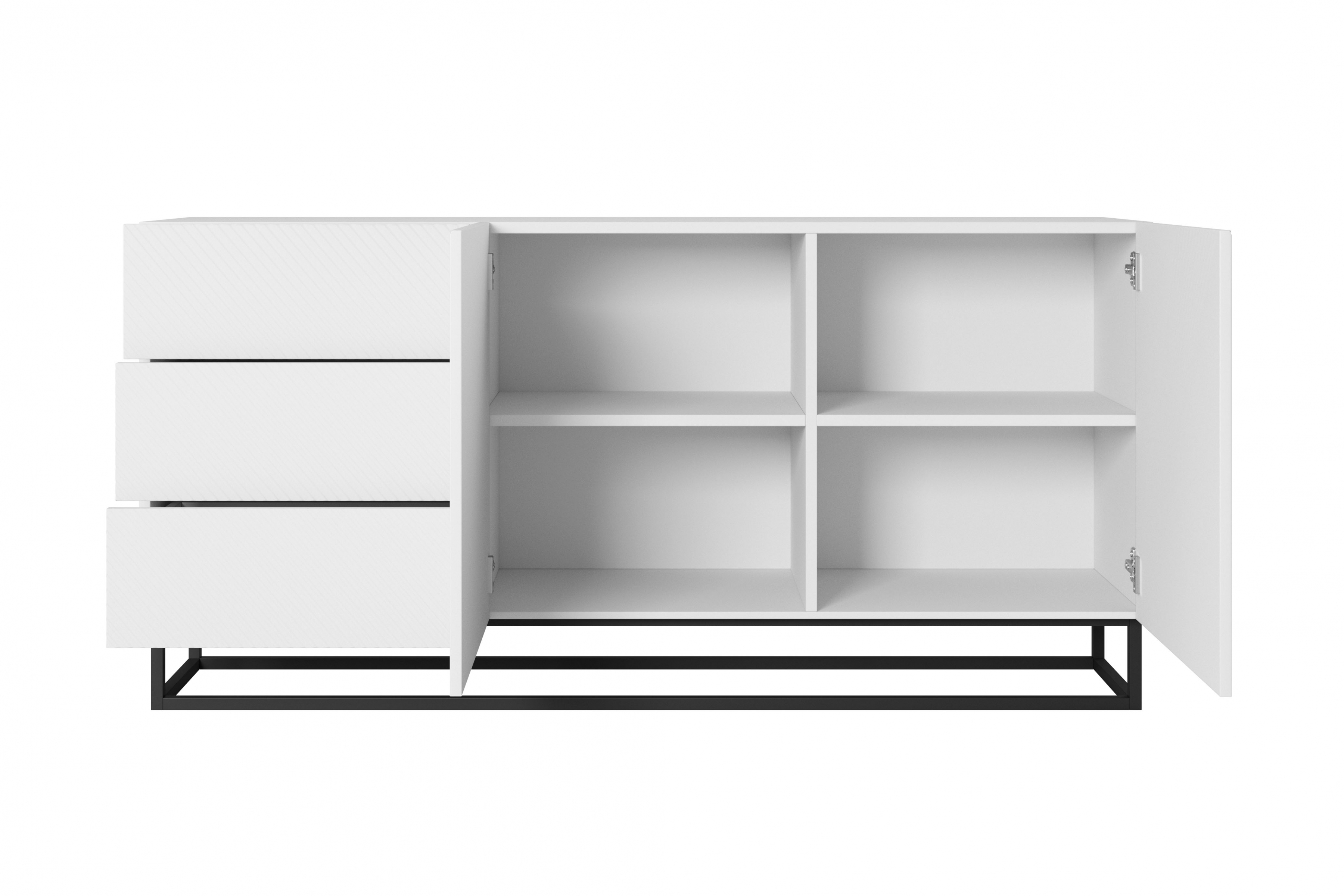 Komoda Asha 167 cm na čiernom podstavci - biely mat Komoda Asha 167 cm so zásuvkami i metalowymi nogami - biely mat