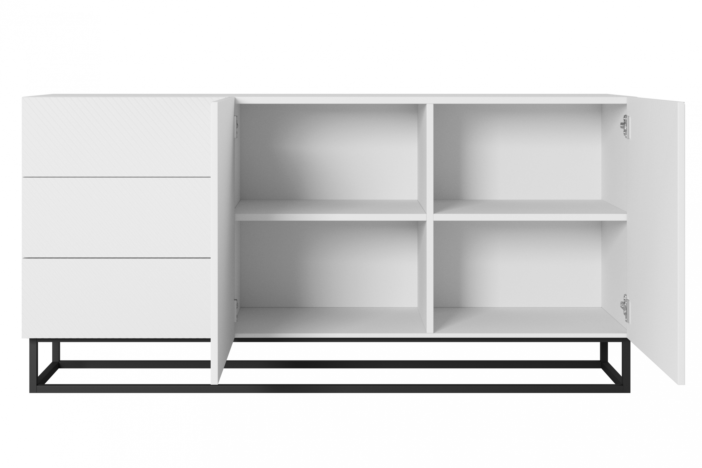 Komoda Asha 167 cm na čiernom podstavci - biely mat Komoda Asha 167 cm so zásuvkami i metalowymi nogami - biely mat