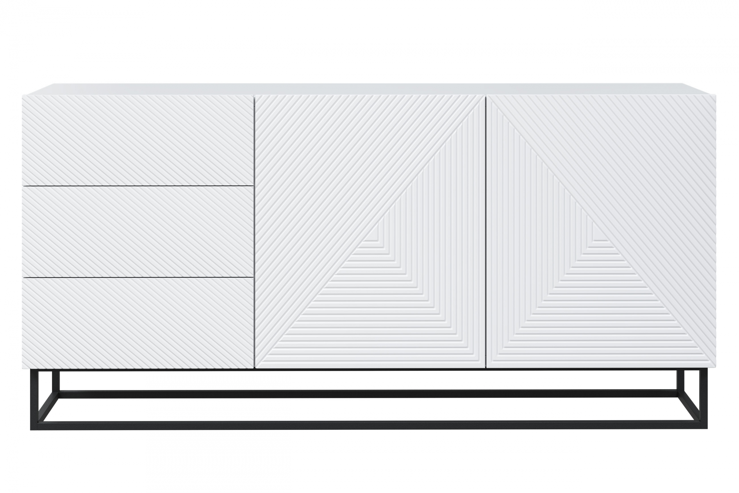 Komoda Asha 167 cm na čiernom podstavci - biely mat Komoda Asha 167 cm so zásuvkami i metalowymi nogami - biely mat