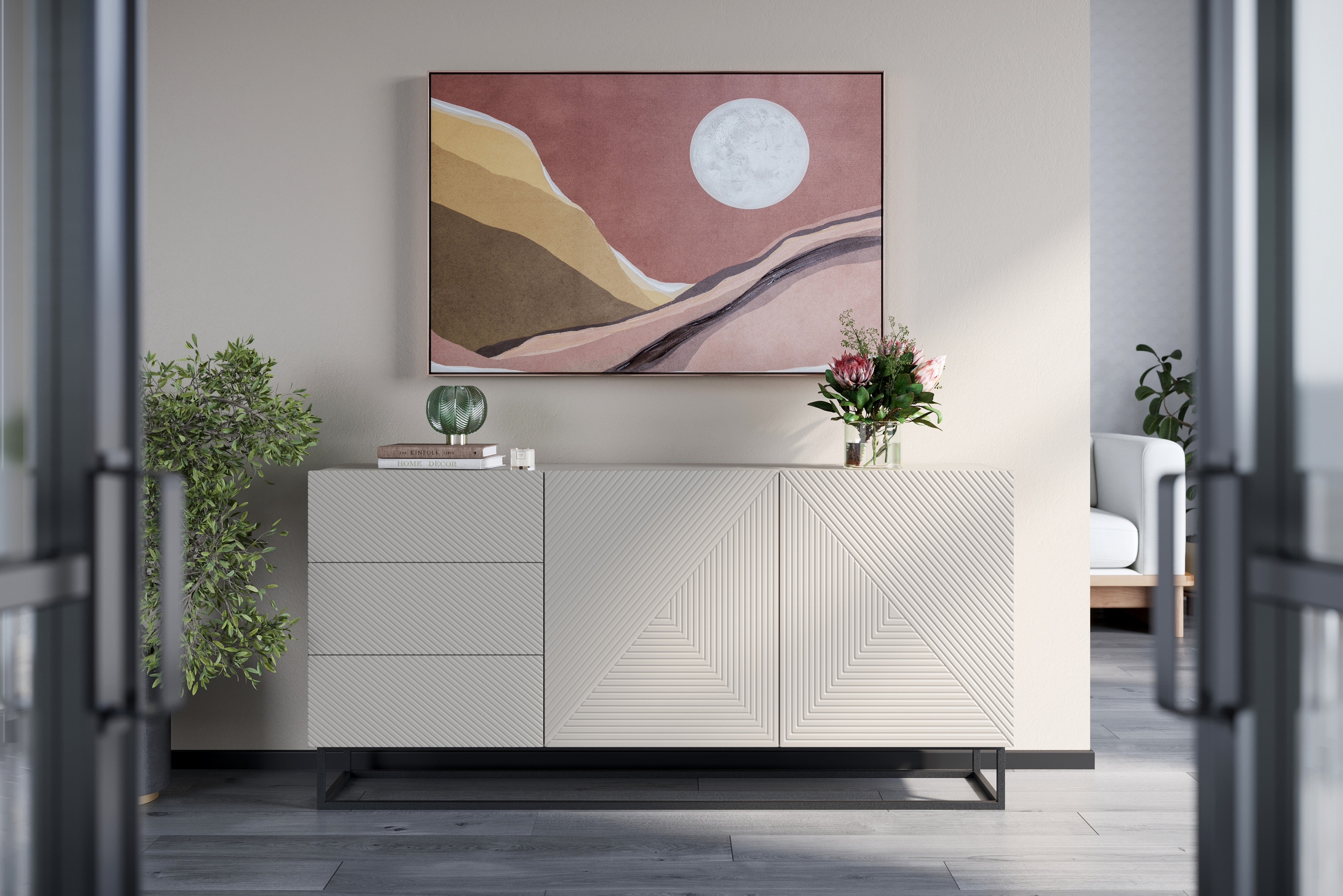 Komoda Asha 167 cm na čiernom podstavci - kašmírová Komoda Asha 167 cm so zásuvkami i metalowymi nogami - kašmír