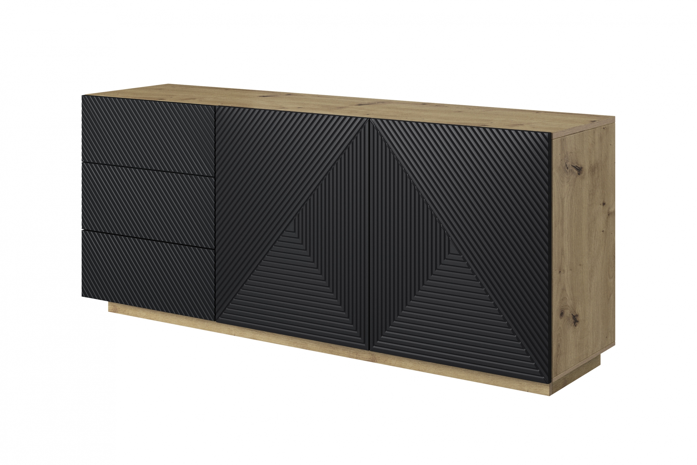 Komoda Asha 167 cm na sokli - artisan / čierny mat Komoda Asha 167 cm so zásuvkami i ryflowanym frontem - artisan / Čierny mat