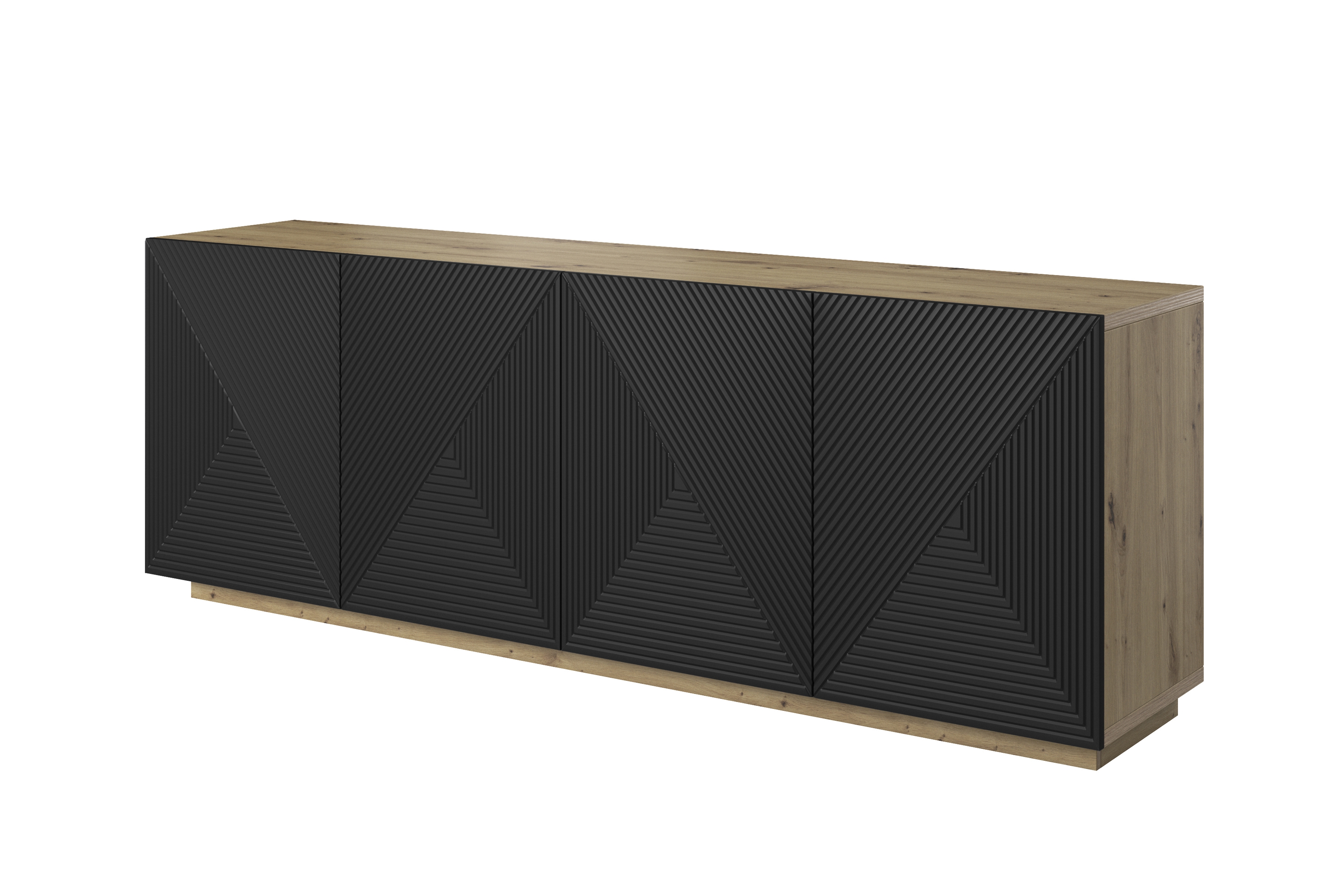 Komoda Asha 200 cm na sokli - artisan / čierny mat Komoda Asha 200 cm s frézovaným frontom - artisan / Čierny mat