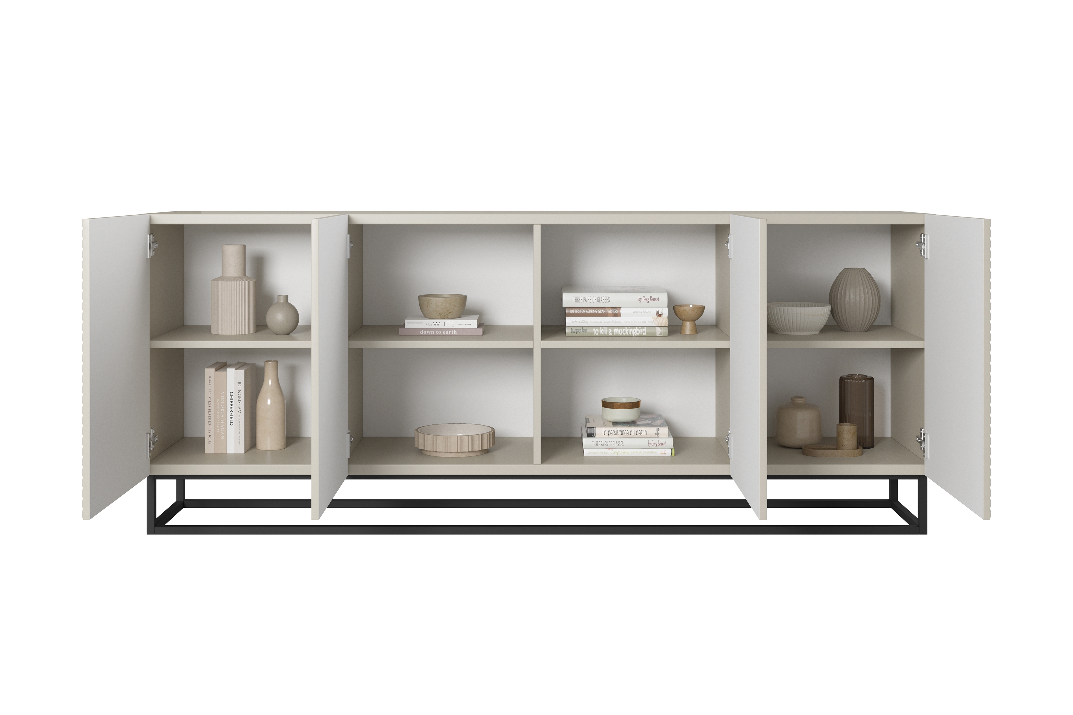 Komoda Asha 200 cm na čiernom kovovom ráme - kašmírová Komoda Asha 200 cm s frézovaným frontom i metalowym, čiernym stelazem - kašmír